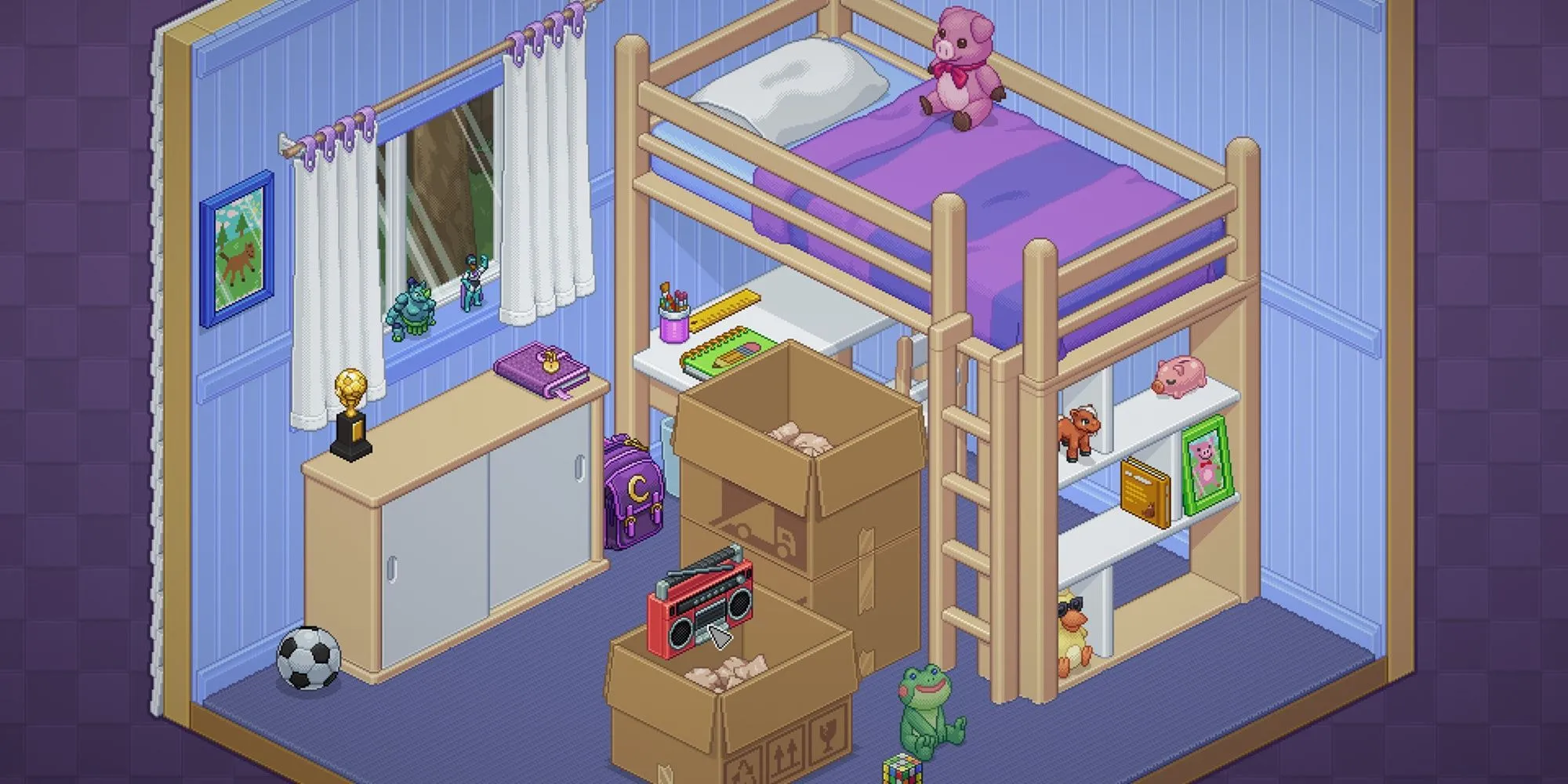 Căn phòng đầu tiên trong game giải đố Unpacking, hiển thị các hộp đồ chưa dọn