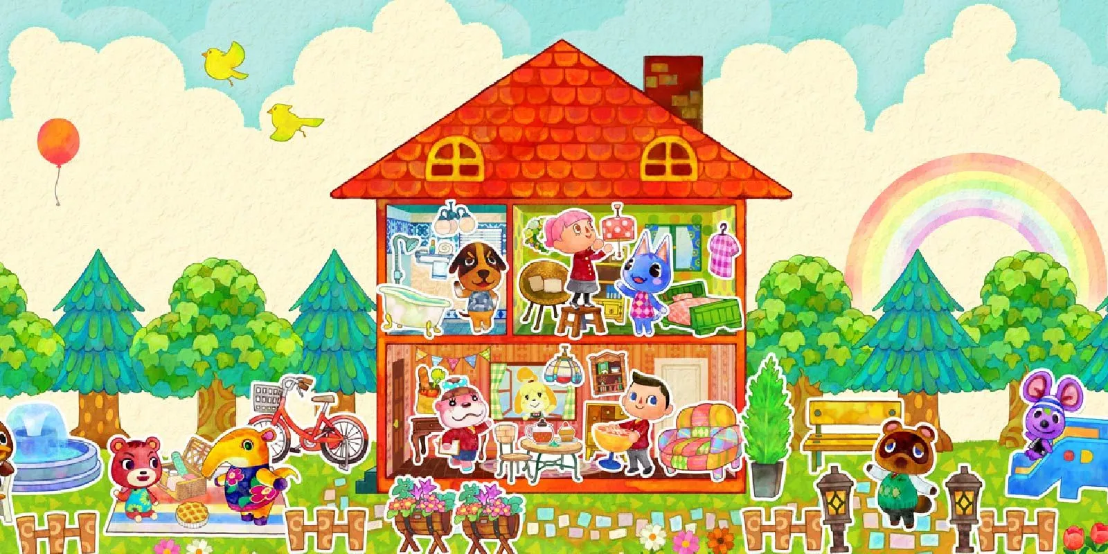 Cảnh cắt ngang một ngôi nhà búp bê trong Animal Crossing: Happy Home Designer với các nhân vật dân làng đang tương tác