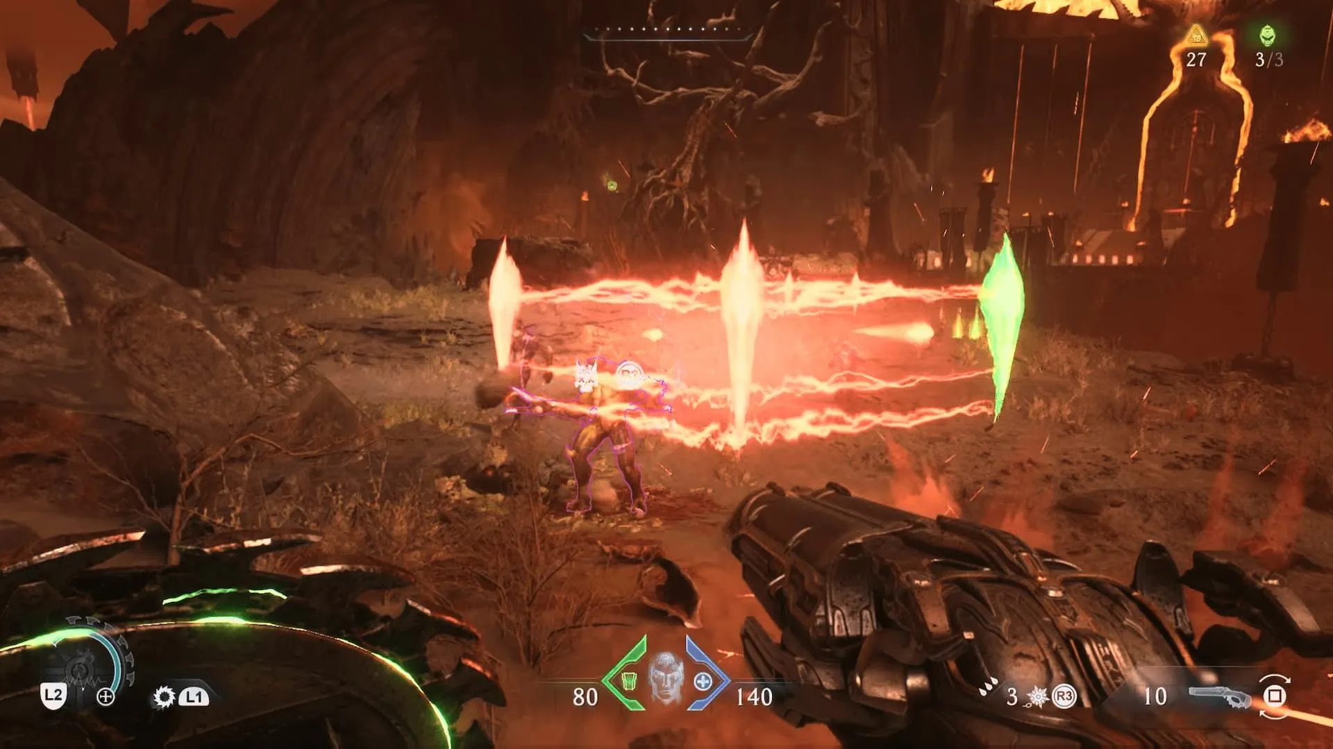 Cảnh chiến đấu khốc liệt giữa DOOM Slayer và quái vật trong DOOM The Dark Ages