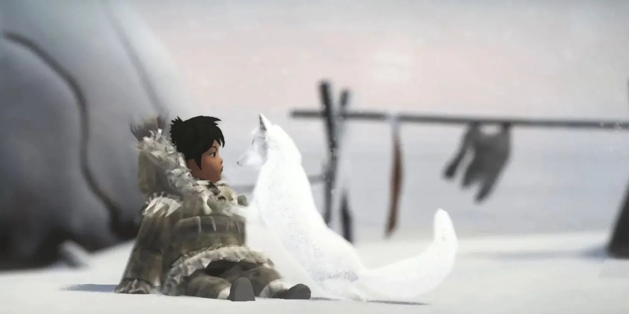Cảnh game Never Alone, một cô gái người Iñupiat cùng con cáo trắng đồng hành trong bão tuyết ở Alaska