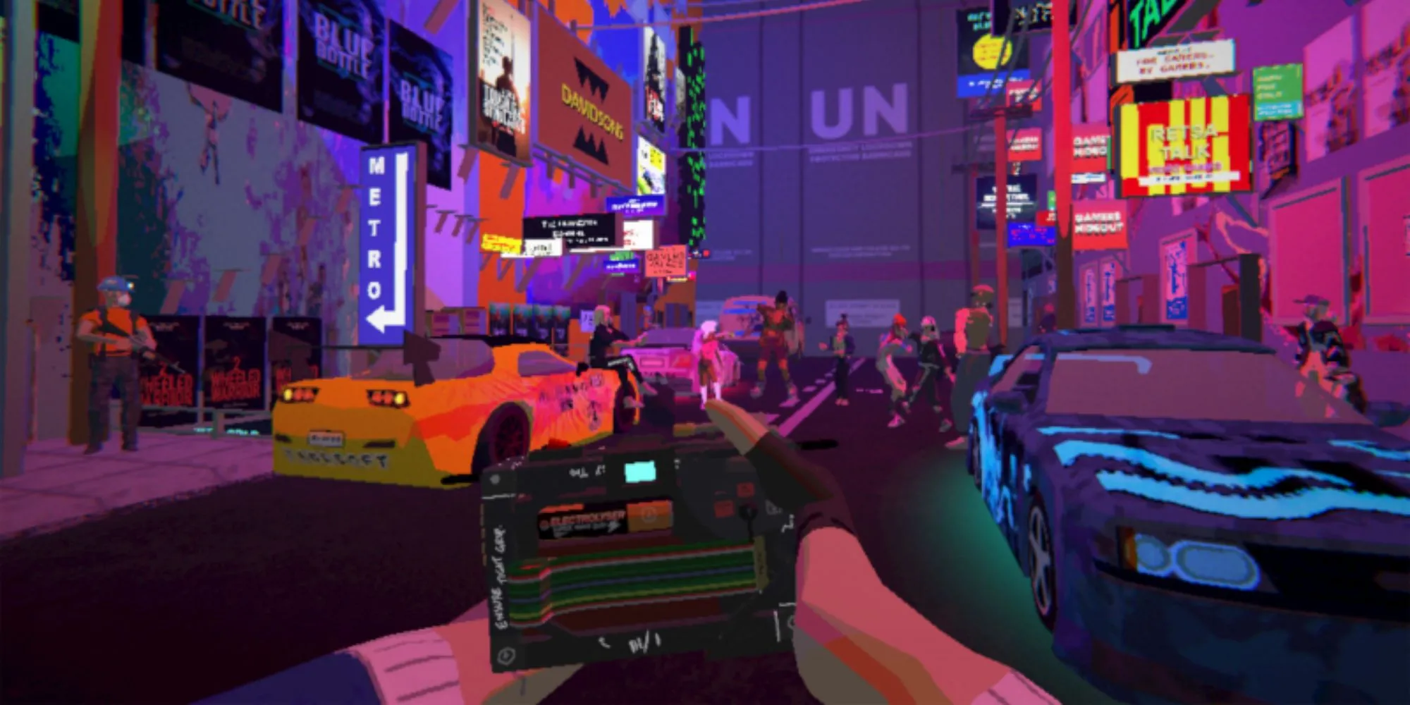 Cảnh gameplay từ Umurangi Generation, mô tả môi trường đô thị giả tưởng với yếu tố văn hóa Maori
