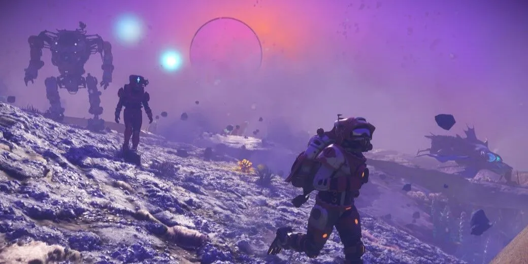 Cảnh quan hành tinh với bầu khí quyển màu vàng và các hành tinh khí khổng lồ trong No Man's Sky