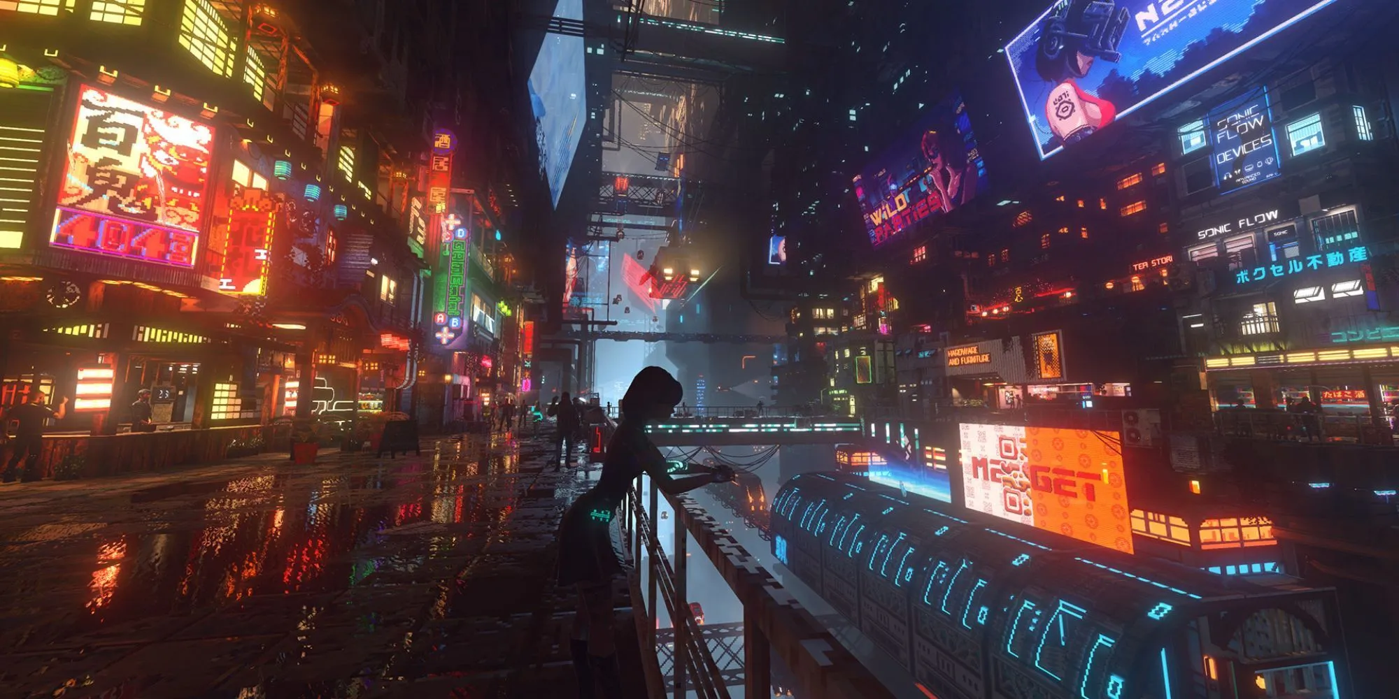 Cảnh quan thành phố Cyberpunk phong cách voxel trong game mô phỏng Nivalis