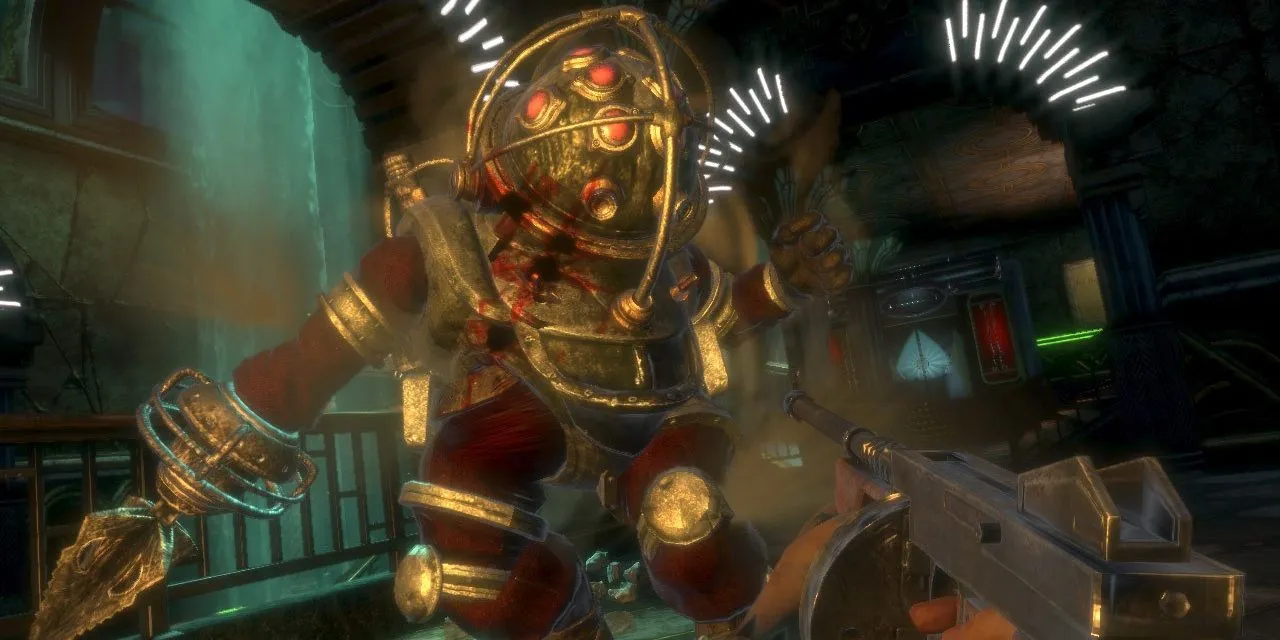 cảnh trong game BioShock với nhân vật chính di chuyển trong thành phố Rapture dưới nước