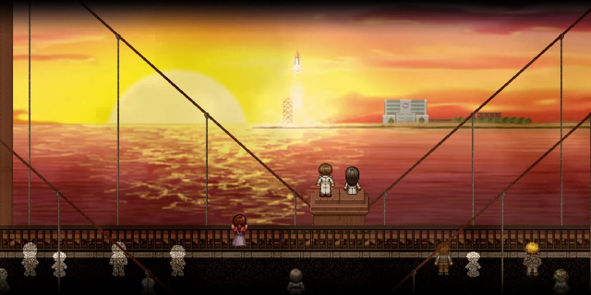 Cảnh tượng tên lửa cất cánh trong game To The Moon, biểu tượng cho ước mơ và ký ức