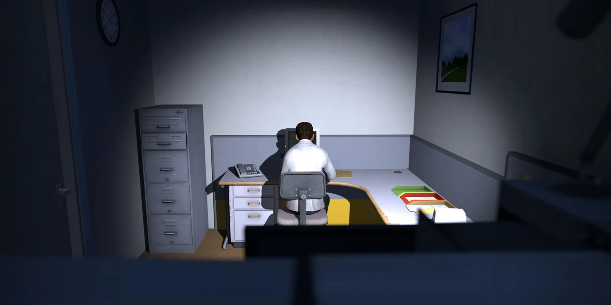 Cảnh văn phòng trống rỗng và hành lang trong game phiêu lưu độc đáo The Stanley Parable