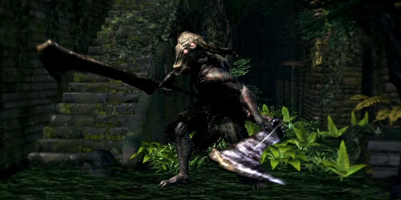 Capra Demon lao tới người chơi trong một hành lang hẹp của Dark Souls