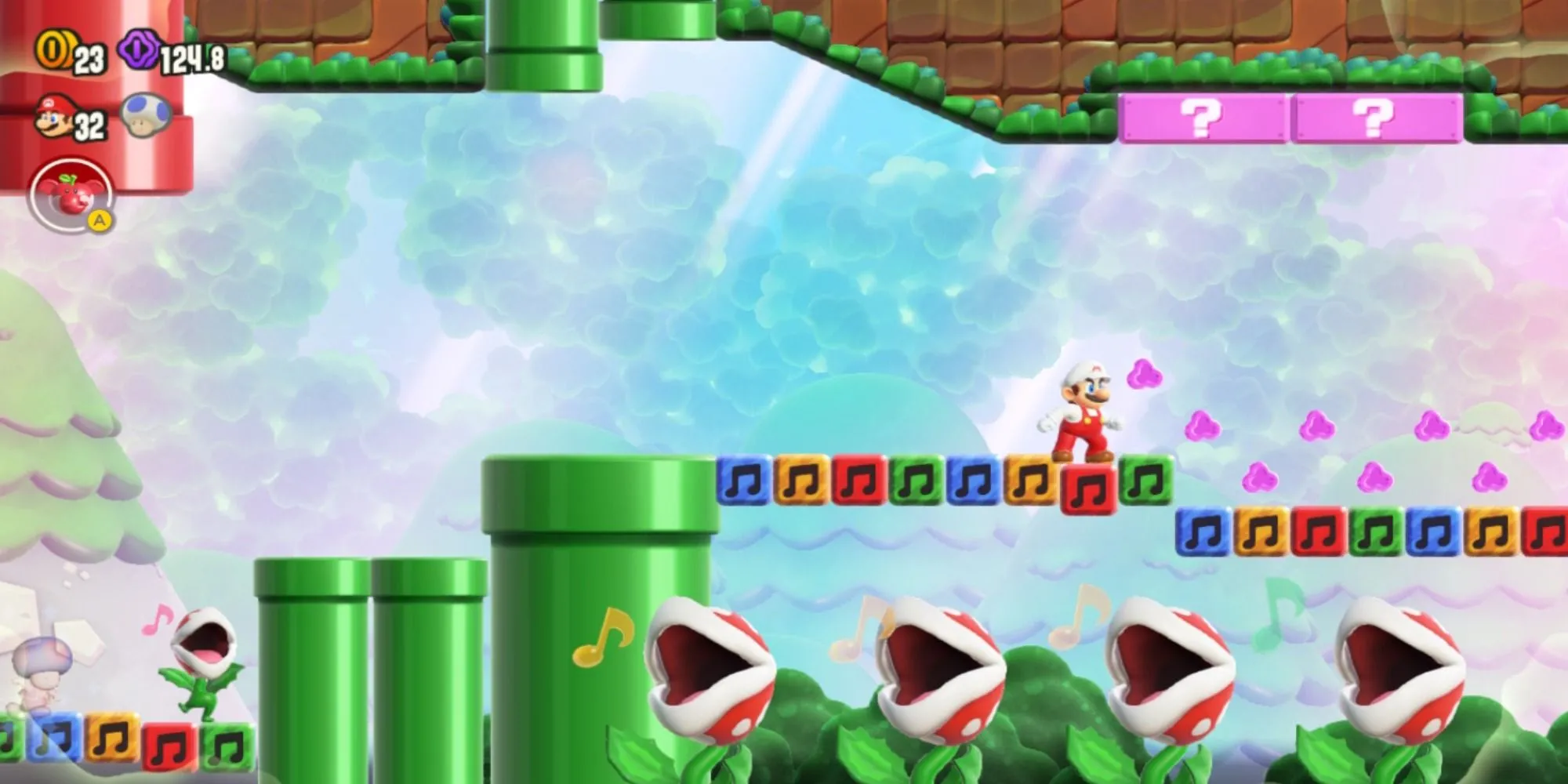Cây Piranha đang hát trong Super Mario Bros. Wonder, thể hiện yếu tố kỳ ảo của game