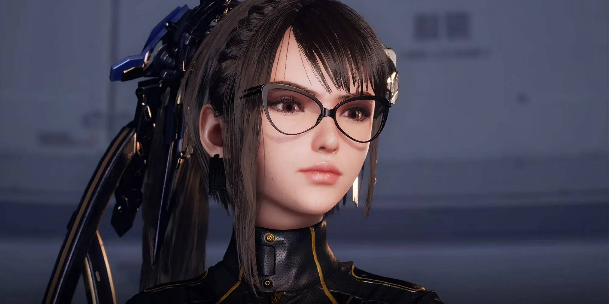 Chân dung cận cảnh nhân vật chính Eve trong game Stellar Blade với mái tóc trắng và bộ đồ công nghệ cao