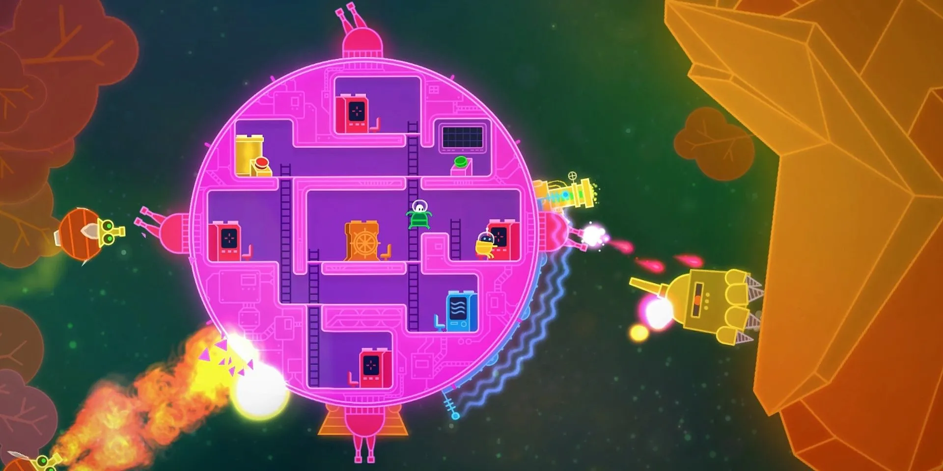 Chiến đấu trên con tàu vũ trụ hình tròn trong game Lovers in a Dangerous Spacetime, mỗi người chơi điều khiển một trạm vũ khí hoặc động cơ