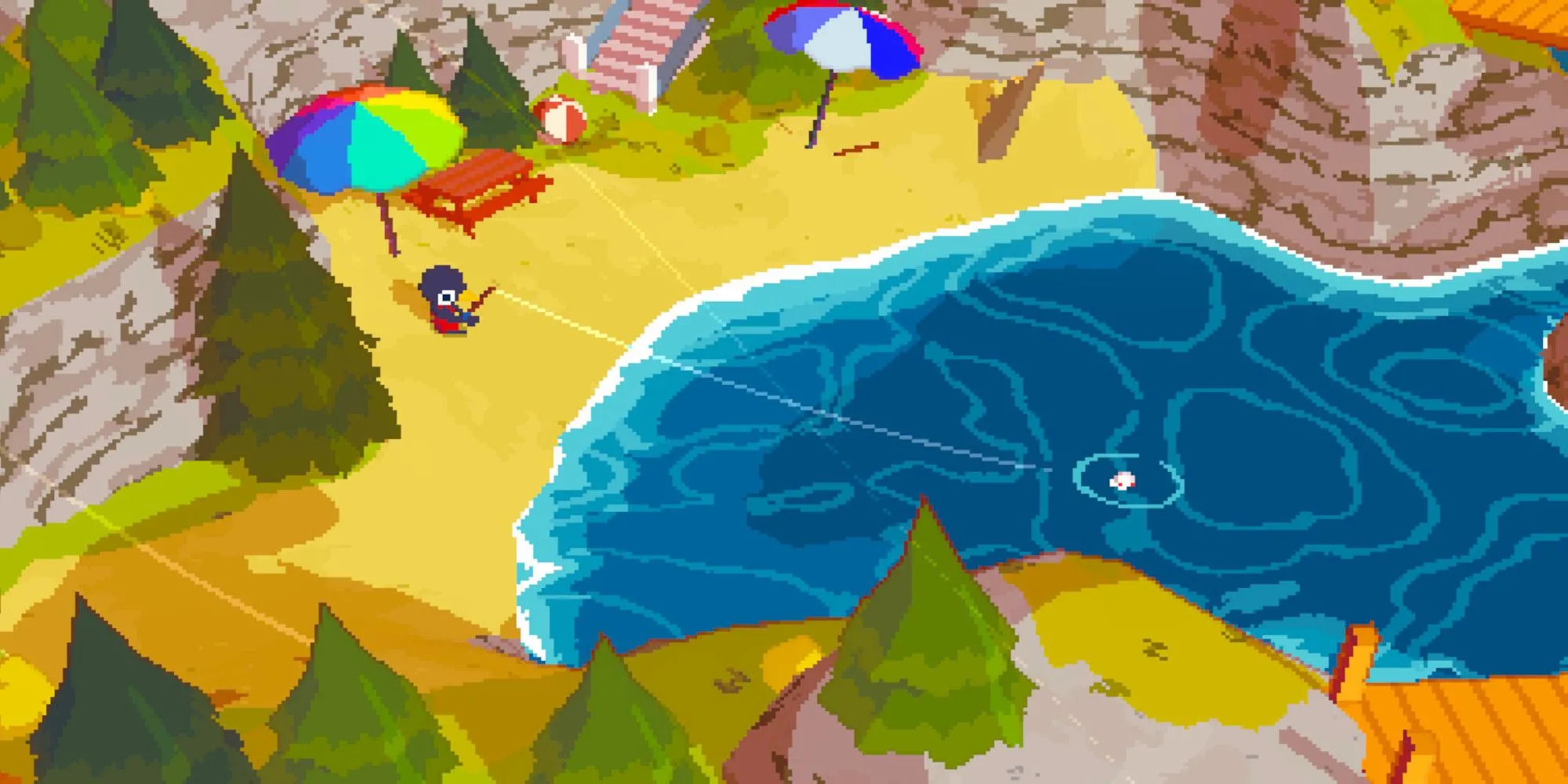 Chim nhân vật chính của A Short Hike đang câu cá bên bờ biển trong đồ họa pixel đáng yêu