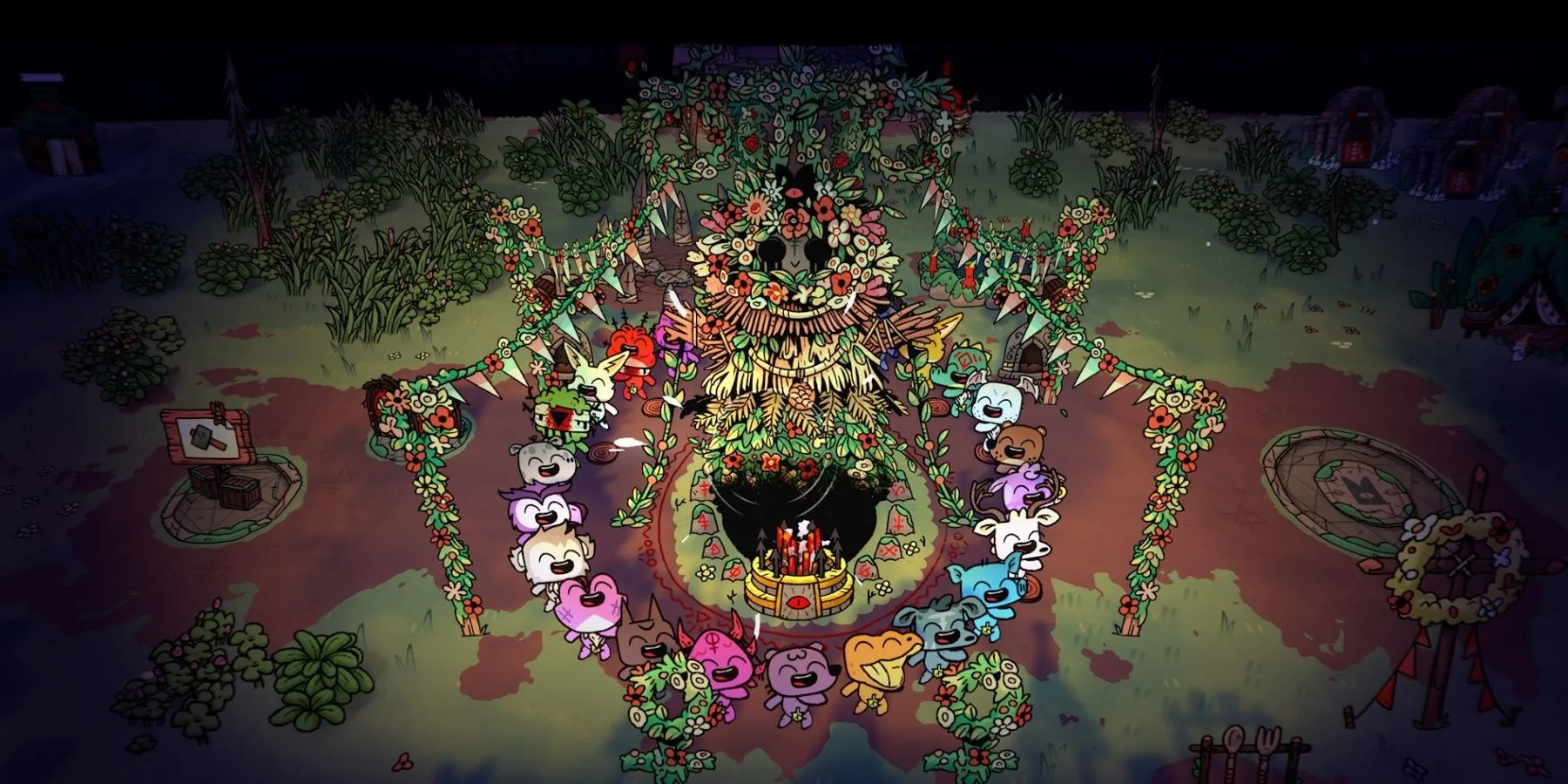 Chú cừu Lamb và tín đồ trong Cult of the Lamb với phong cách đồ họa đáng yêu