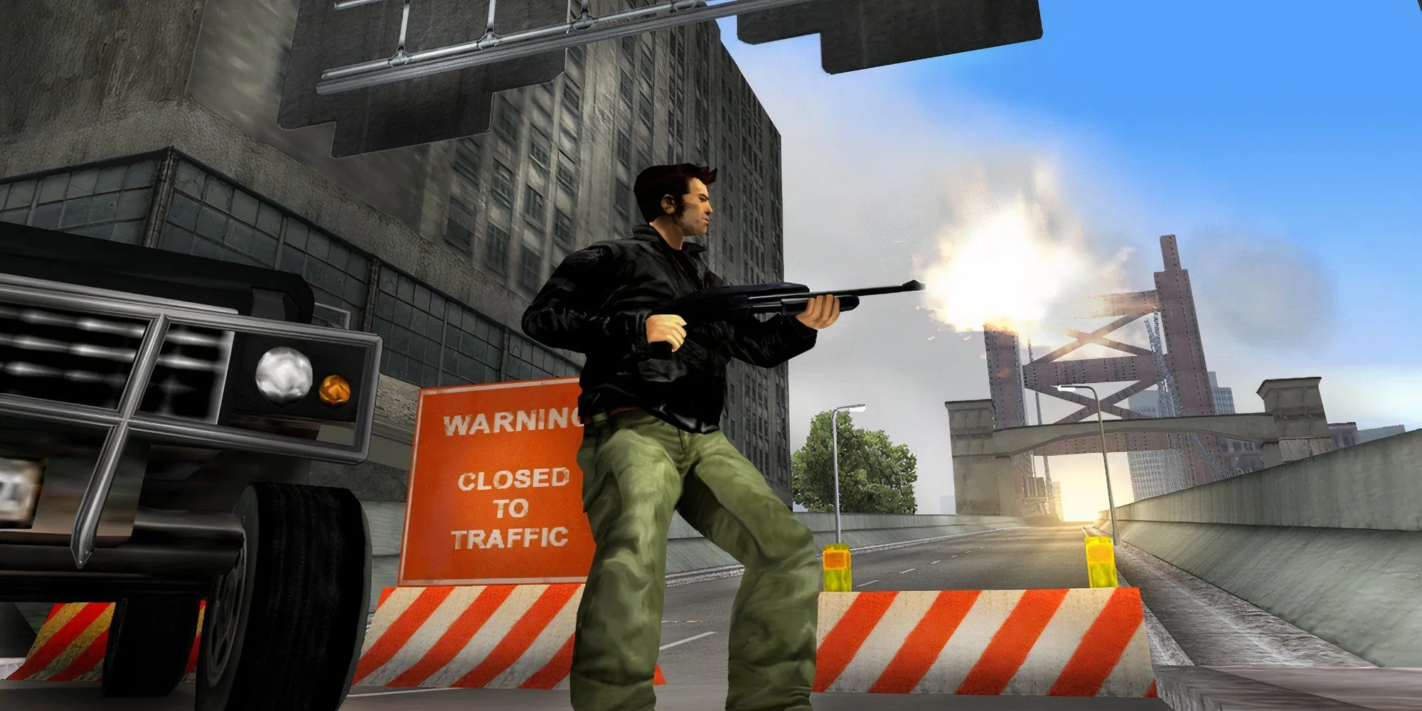 Claude trong GTA 3 đang bắn súng trường ở một khu vực ngoài trời