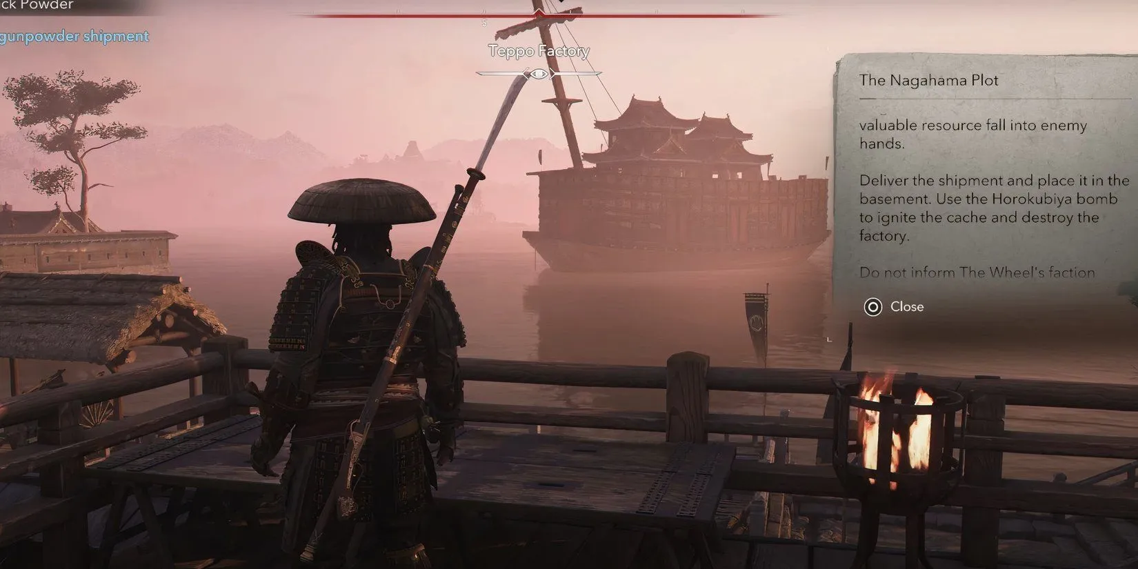 Con tàu chứa thuốc súng neo đậu gần Nagahama trong Assassin's Creed Shadows