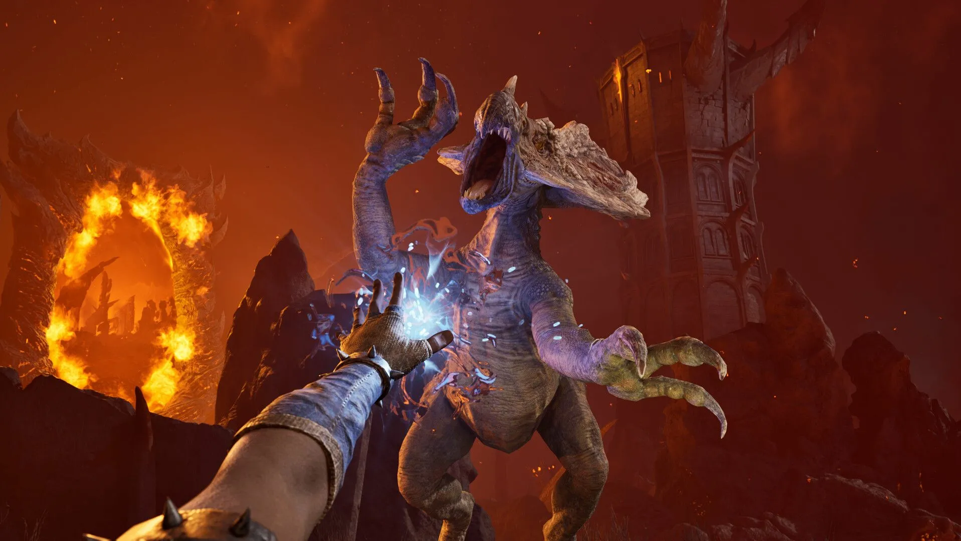 Cổng Oblivion xuất hiện bên ngoài thành phố Kvatch trong Oblivion Remastered