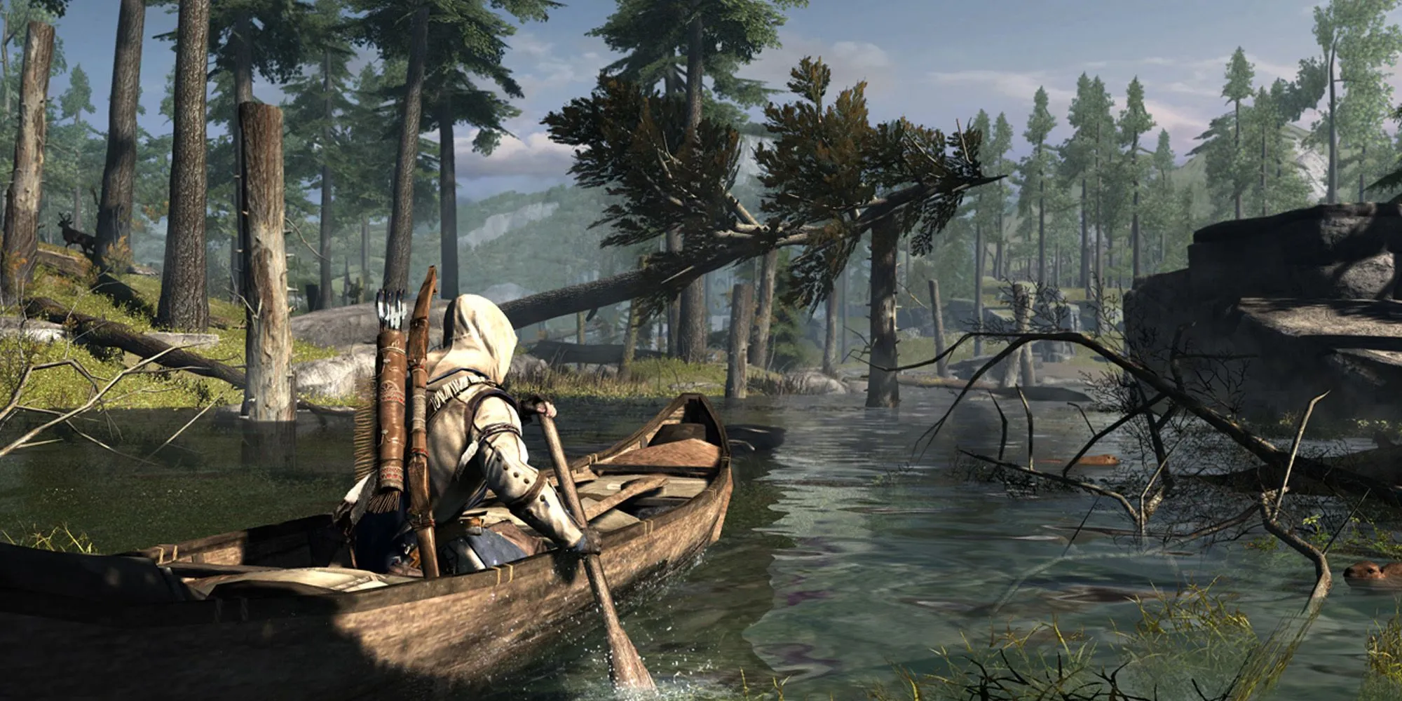 Connor chèo thuyền canoe trên sông trong Assassin's Creed 3