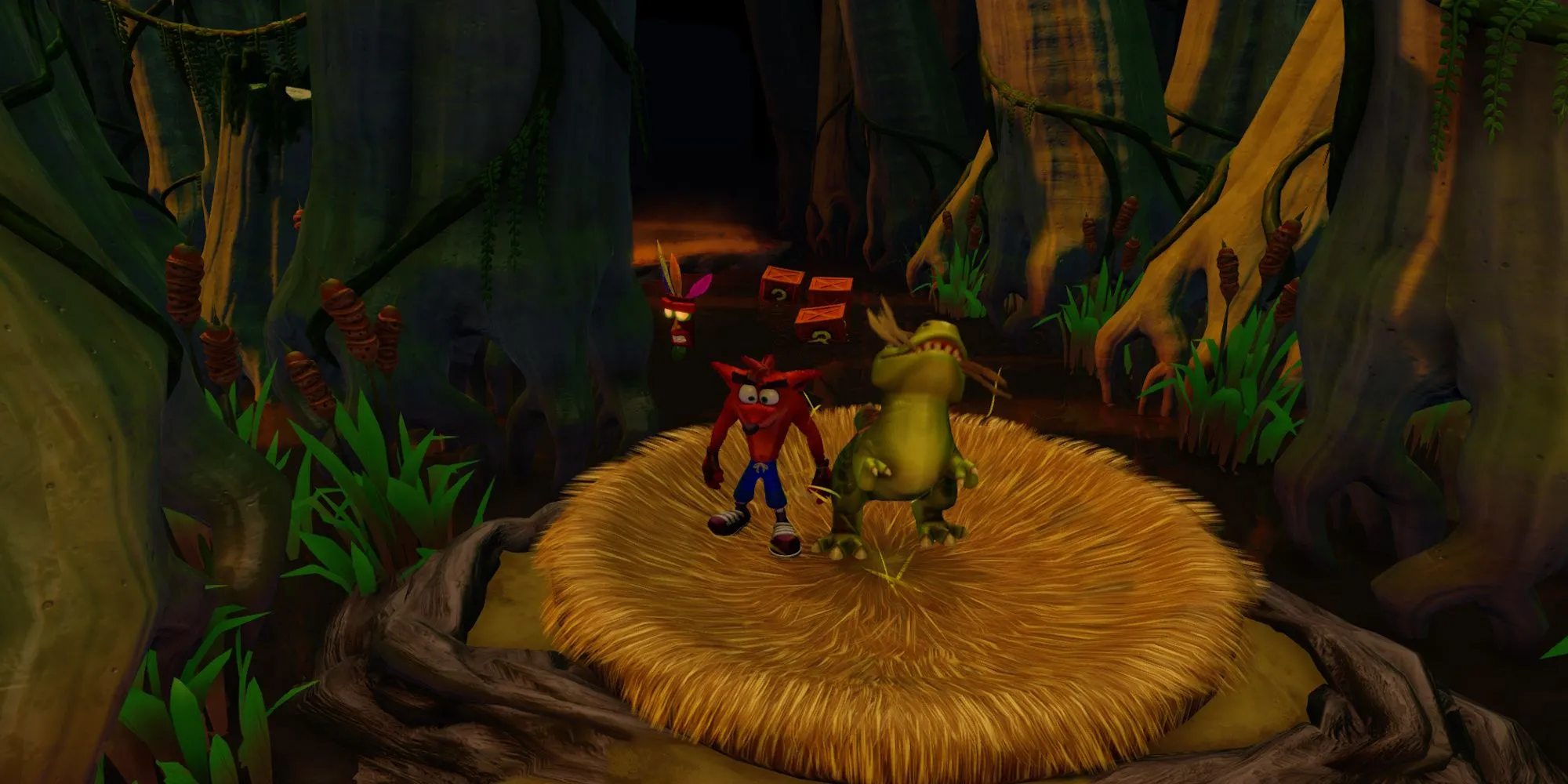 Crash Bandicoot cưỡi khủng long con trong màn chơi Dino Might thời tiền sử