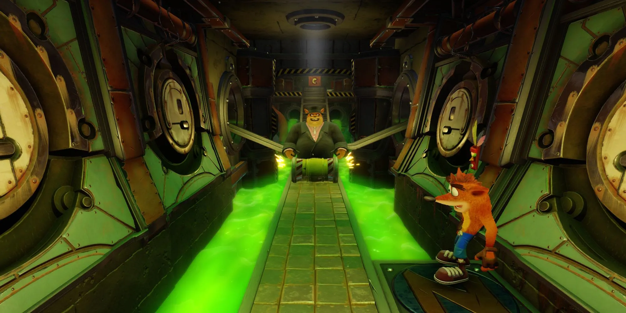 Crash Bandicoot né thùng chất thải độc hại trong màn chơi Toxic Waste