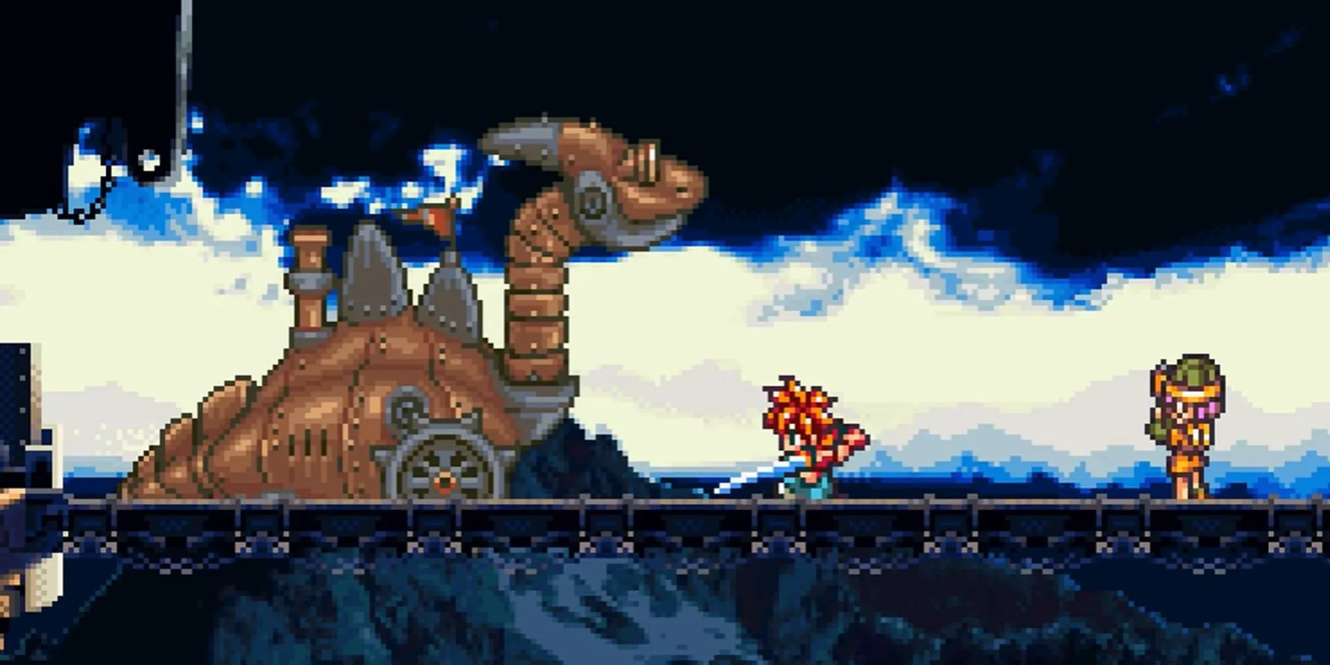 Crono và Luca chiến đấu với xe tăng Rồng trong Chrono Trigger