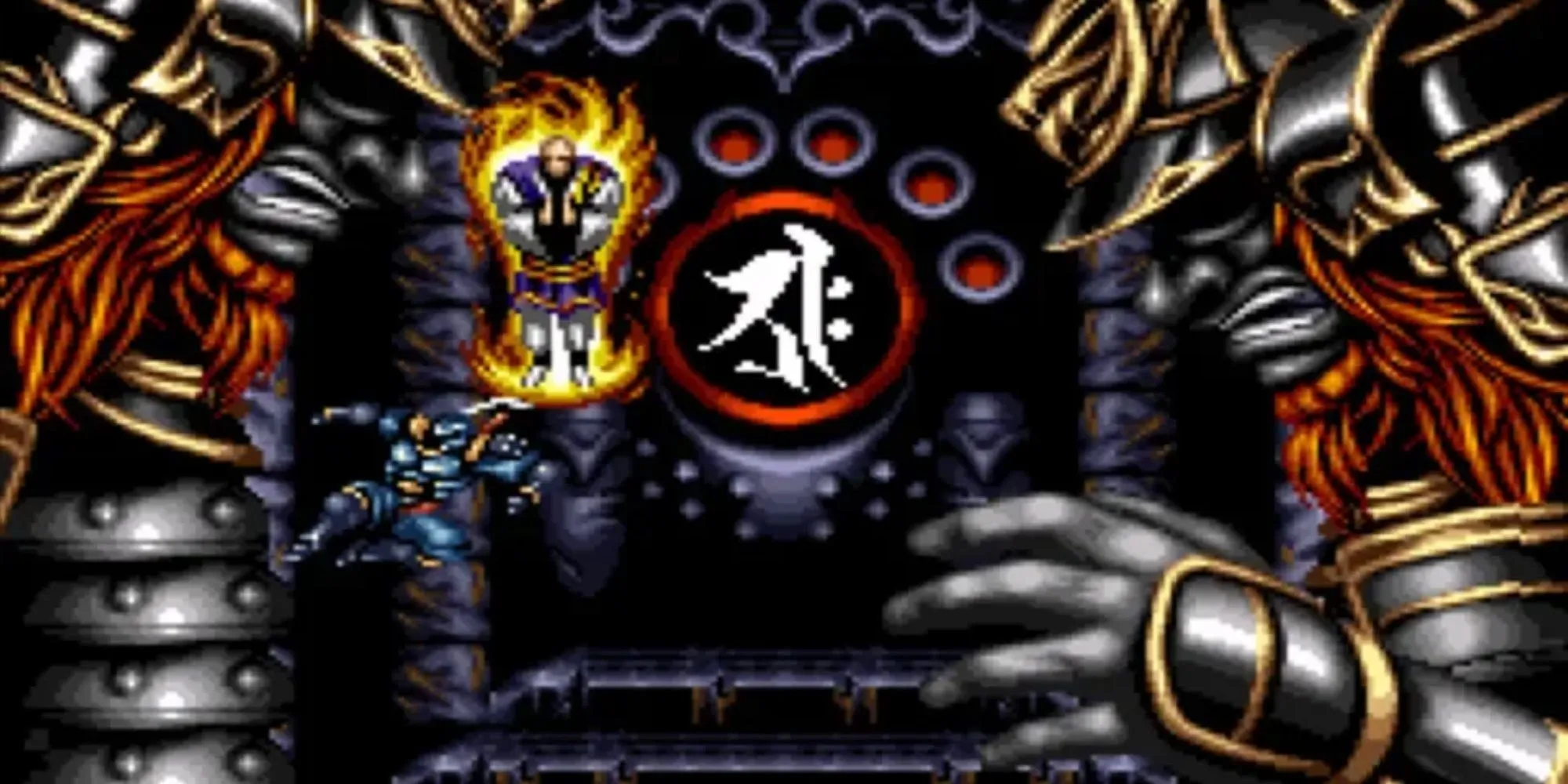 Cyborg ninja Hagane chiến đấu với kẻ thù trong game Hagane: The Final Conflict trên SNES
