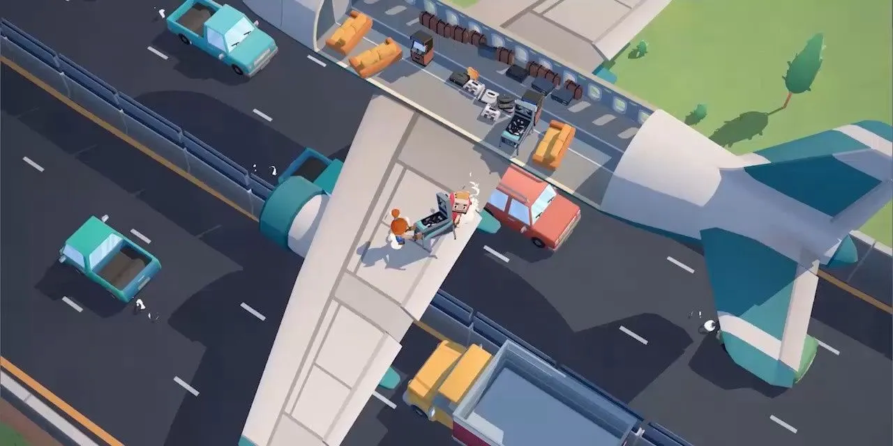 Di chuyển đồ đạc ra khỏi máy bay trong game Moving Out, đòi hỏi sự phối hợp giữa nhiều người chơi