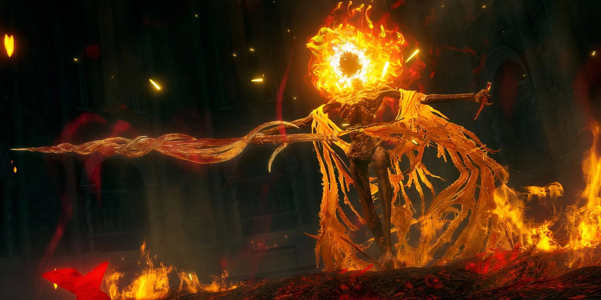 Đôi mắt của nhân vật game phát ra ánh sáng vàng kỳ dị, xung quanh là hiệu ứng hình ảnh méo mó, thể hiện trạng thái điên loạn (Madness) trong Elden Ring.