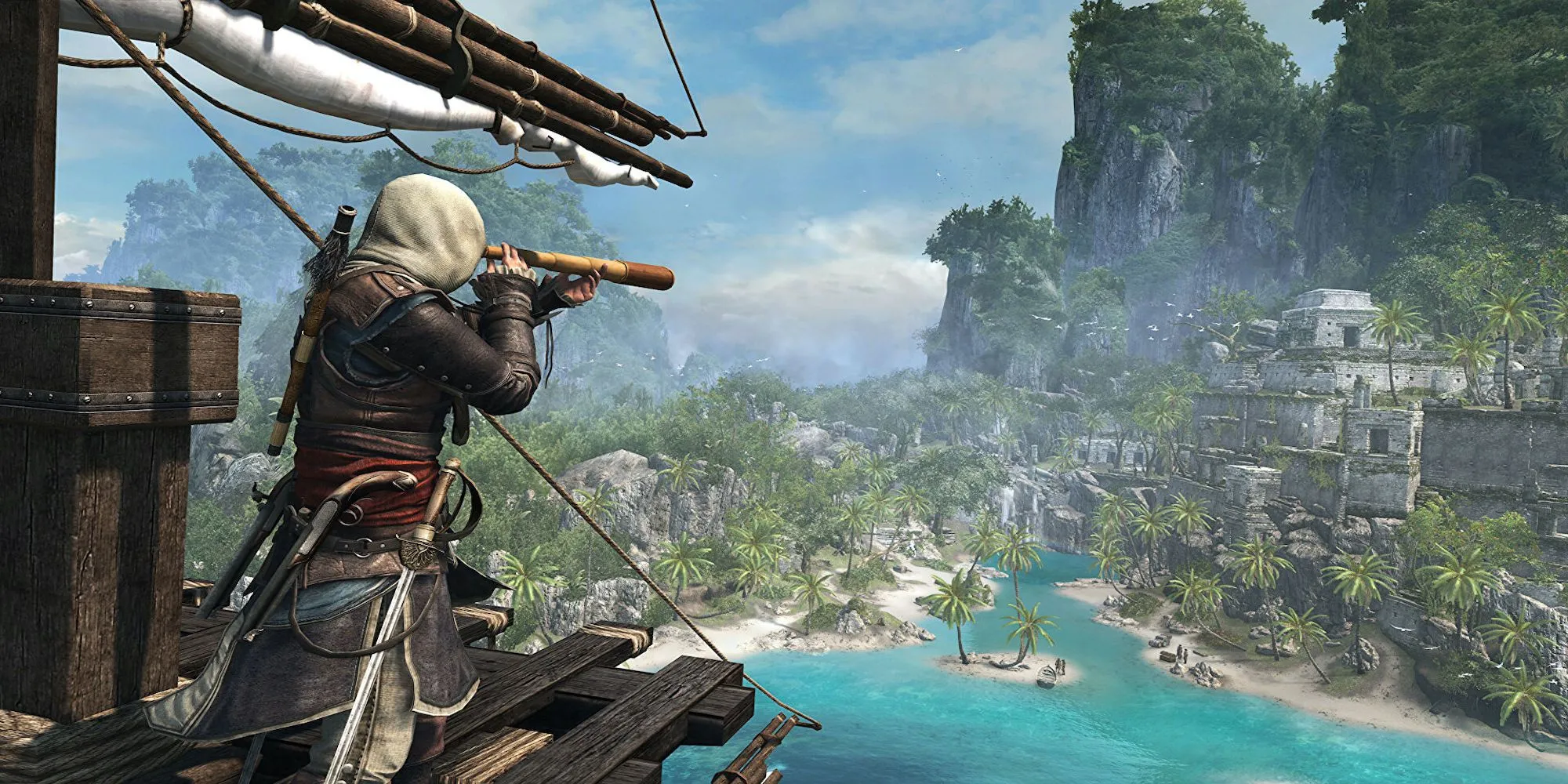 Edward Kenway đứng trên tàu nhìn ra biển trong Assassin's Creed 4 Black Flag