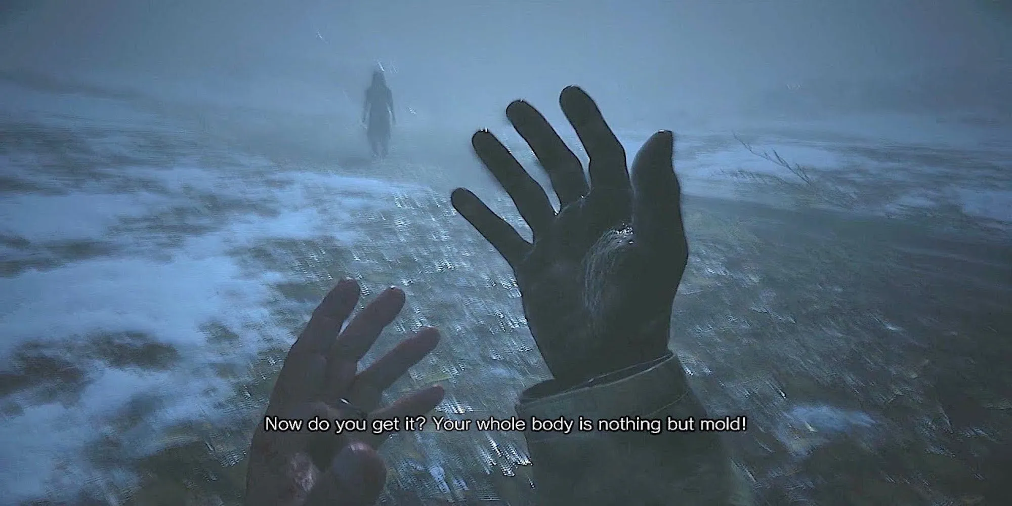 Ethan Winters nhìn vào đôi bàn tay của mình trong Resident Evil: Village