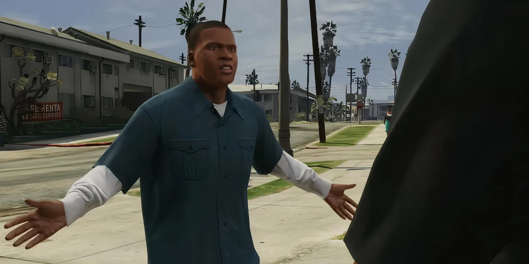 Franklin Clinton, nhân vật chính của GTA 5, đang nói chuyện với ai đó ngoài đường