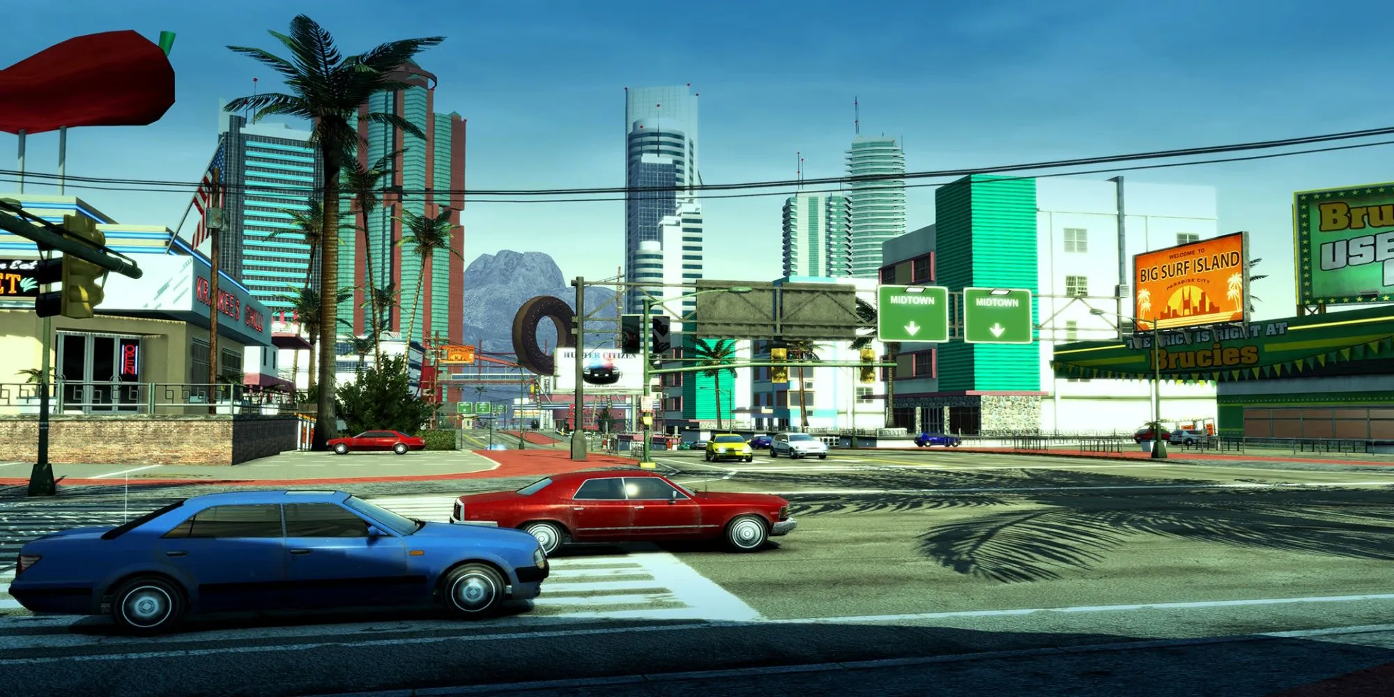 Gameplay Burnout Paradise Remastered với xe đua màu vàng lao vun vút trên đường phố