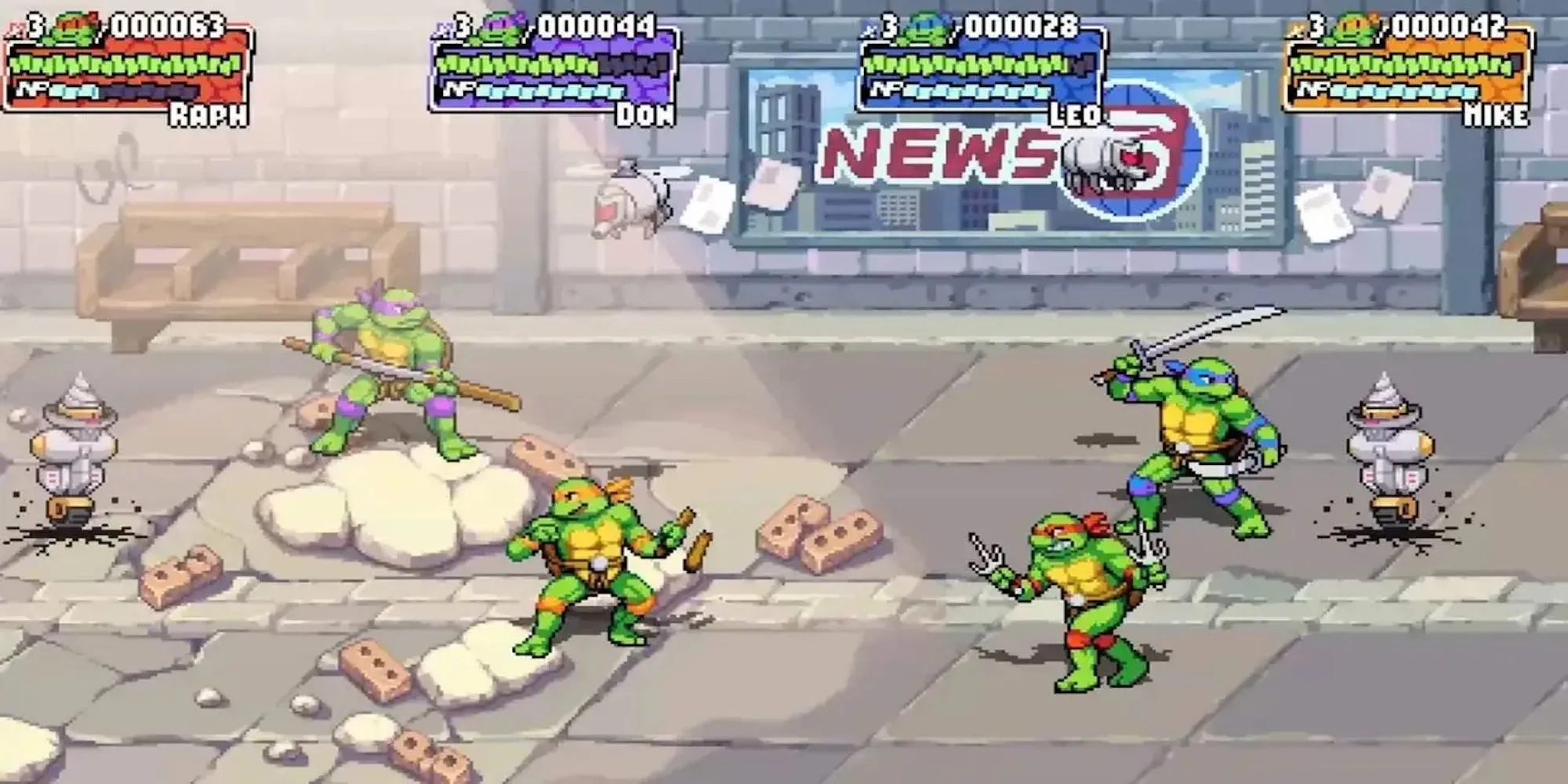Gameplay co-op của TMNT Shredder's Revenge với nhiều nhân vật cùng chiến đấu trên màn hình pixel art