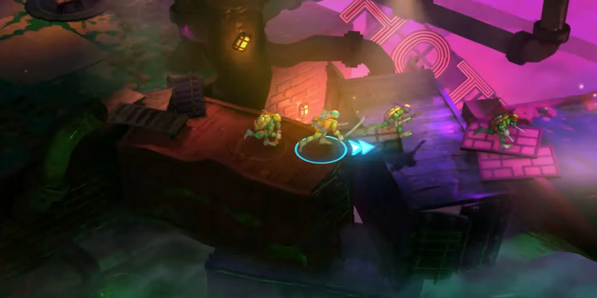 Gameplay góc nhìn từ trên xuống của TMNT Splintered Fate với các hiệu ứng chiến đấu