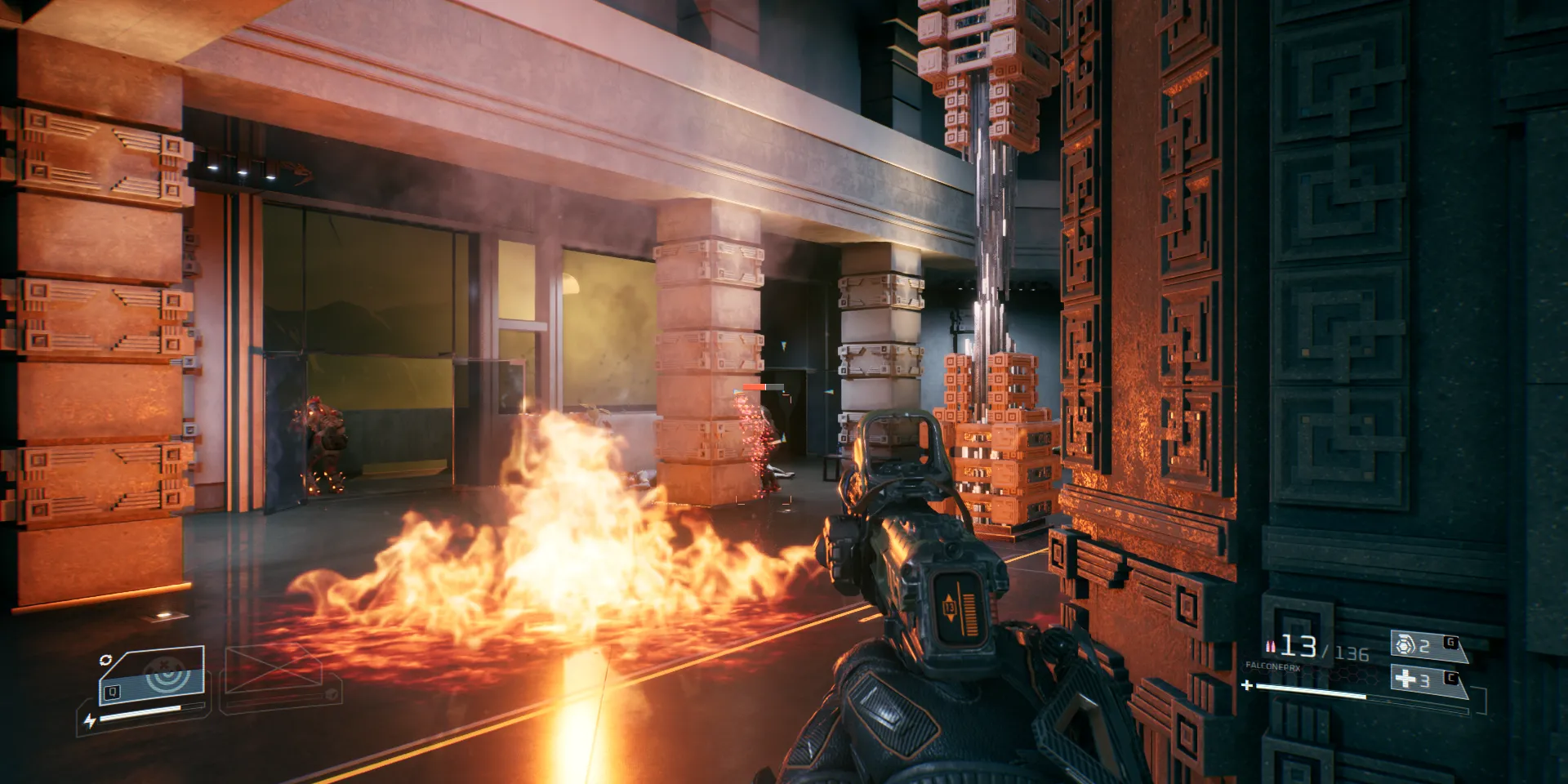 Gameplay La Quimera: Người chơi đối đầu với kẻ thù robot trong một môi trường chiến đấu đổ nát