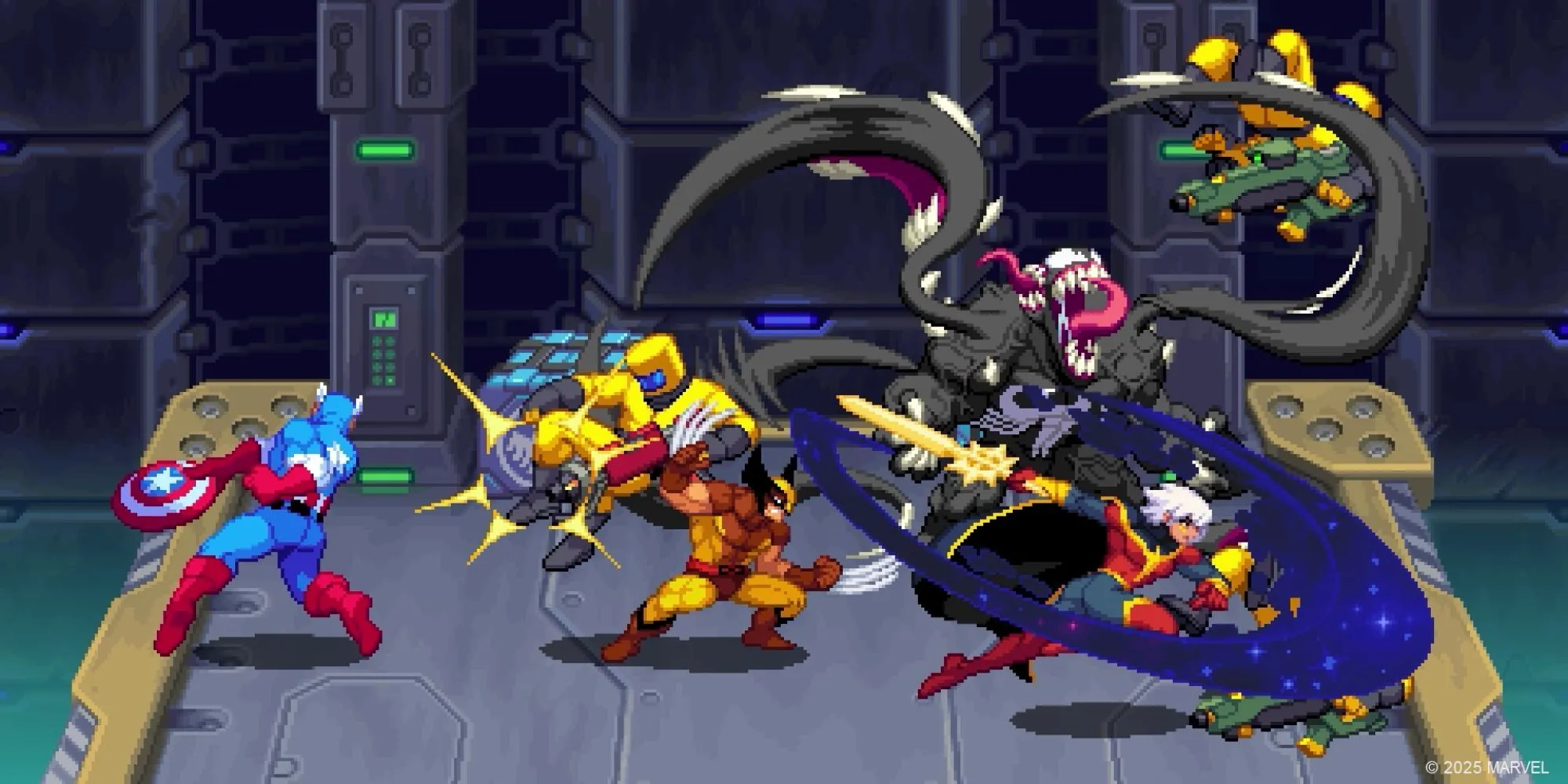 Gameplay Marvel Cosmic Invasion với Wolverine, Captain America, Venom và Phyla-Vel đang chiến đấu