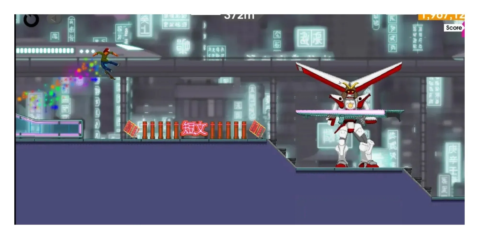 Gameplay OlliOlli với nhân vật trượt ván trên đường ray pixel