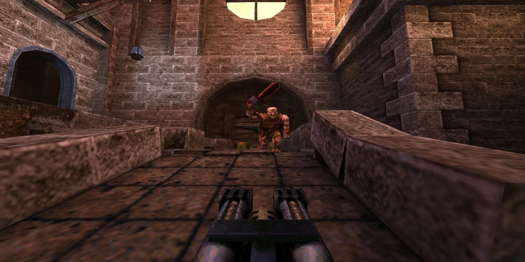 Gameplay Quake (1996) với phong cách đồ họa 3D sơ khai và không khí tăm tối