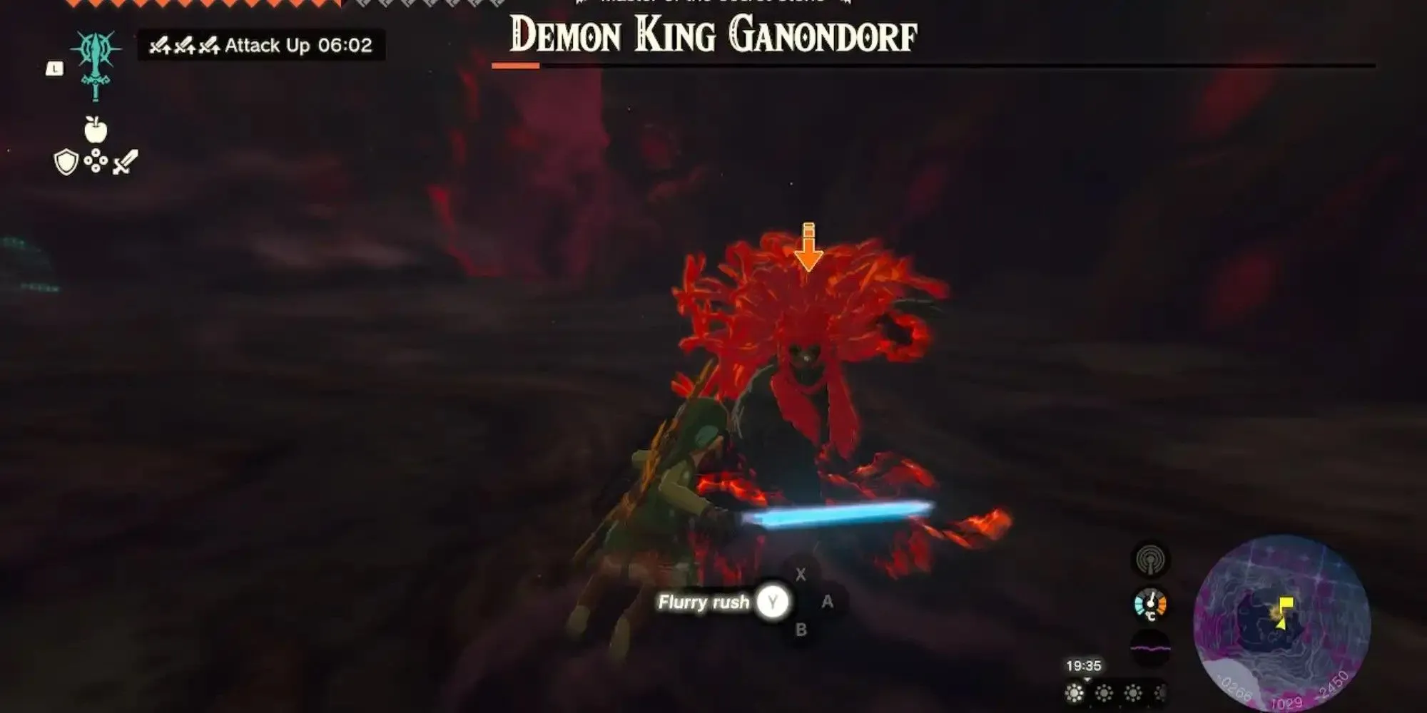 Ganondorf, phản diện chính trong The Legend of Zelda: Tears of the Kingdom, trong một khoảnh khắc chiến đấu đầy uy lực.