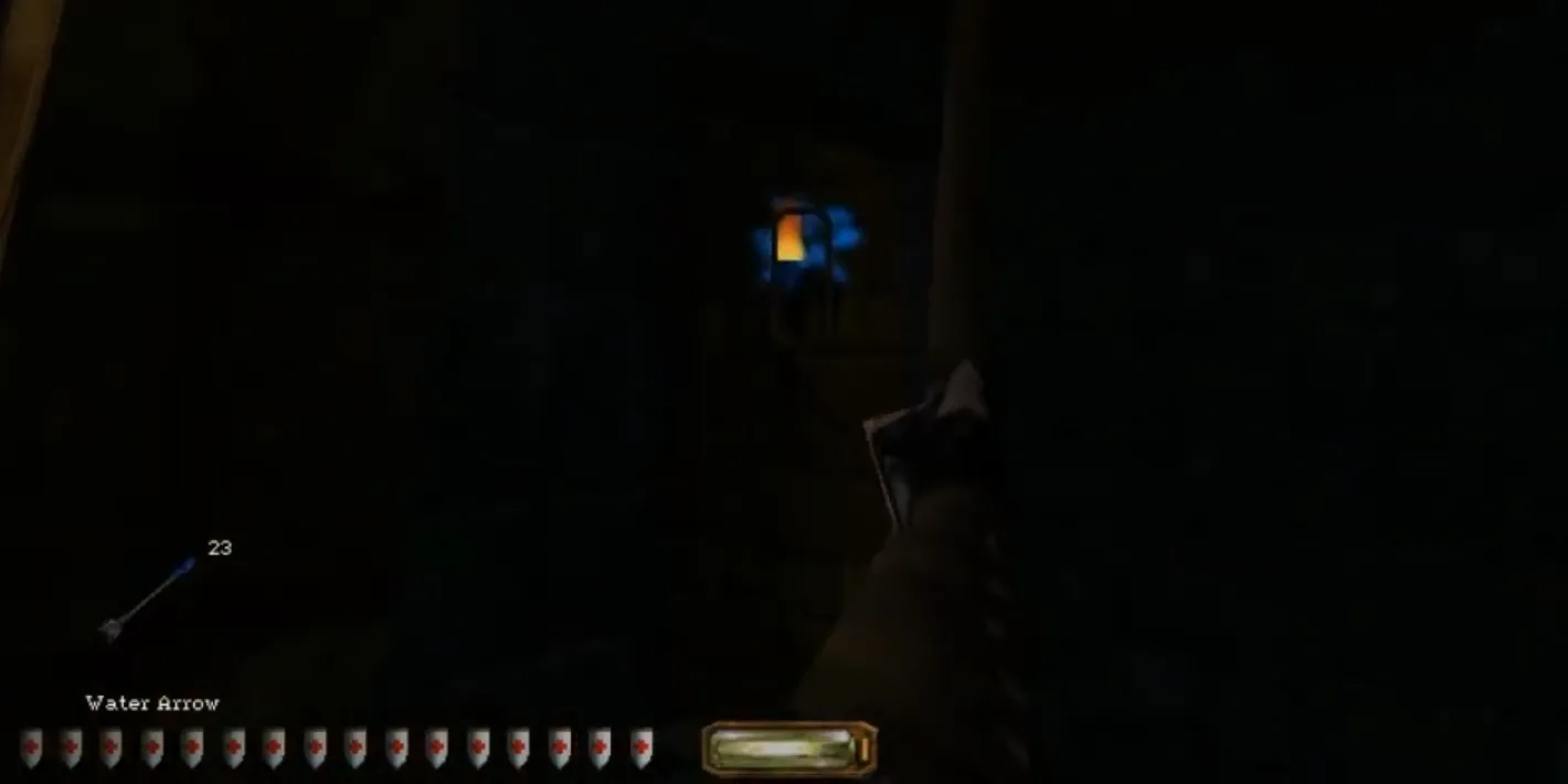 Garrett, bậc thầy đạo chích trong Thief: The Dark Project, sử dụng mũi tên nước để dập tắt đuốc