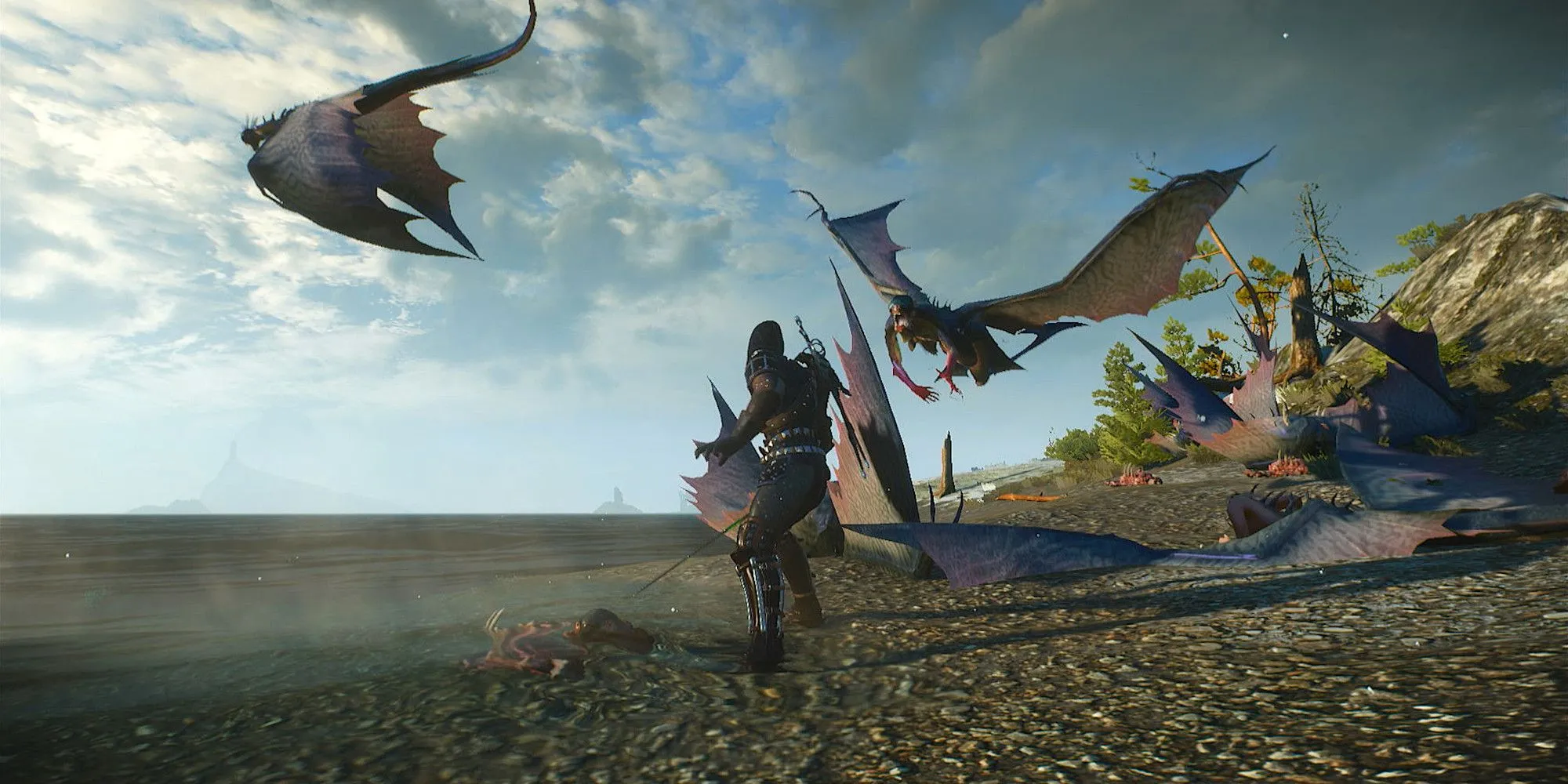 Geralt chiến đấu với quái vật Harpy ở Skellige trong The Witcher 3 khi tắt HUD, thể hiện sự tập trung vào đồ họa