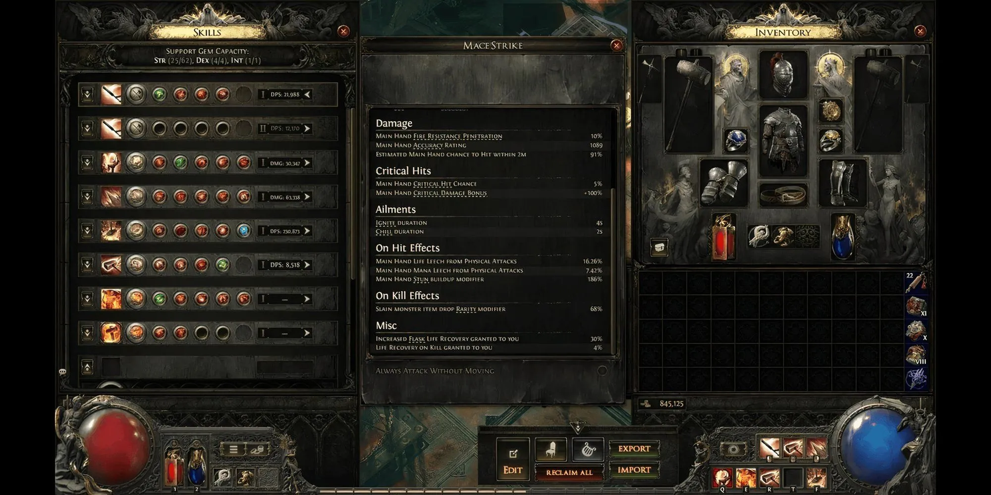 Giao diện chỉ số, kỹ năng và trang bị cho build endgame Path of Exile 2