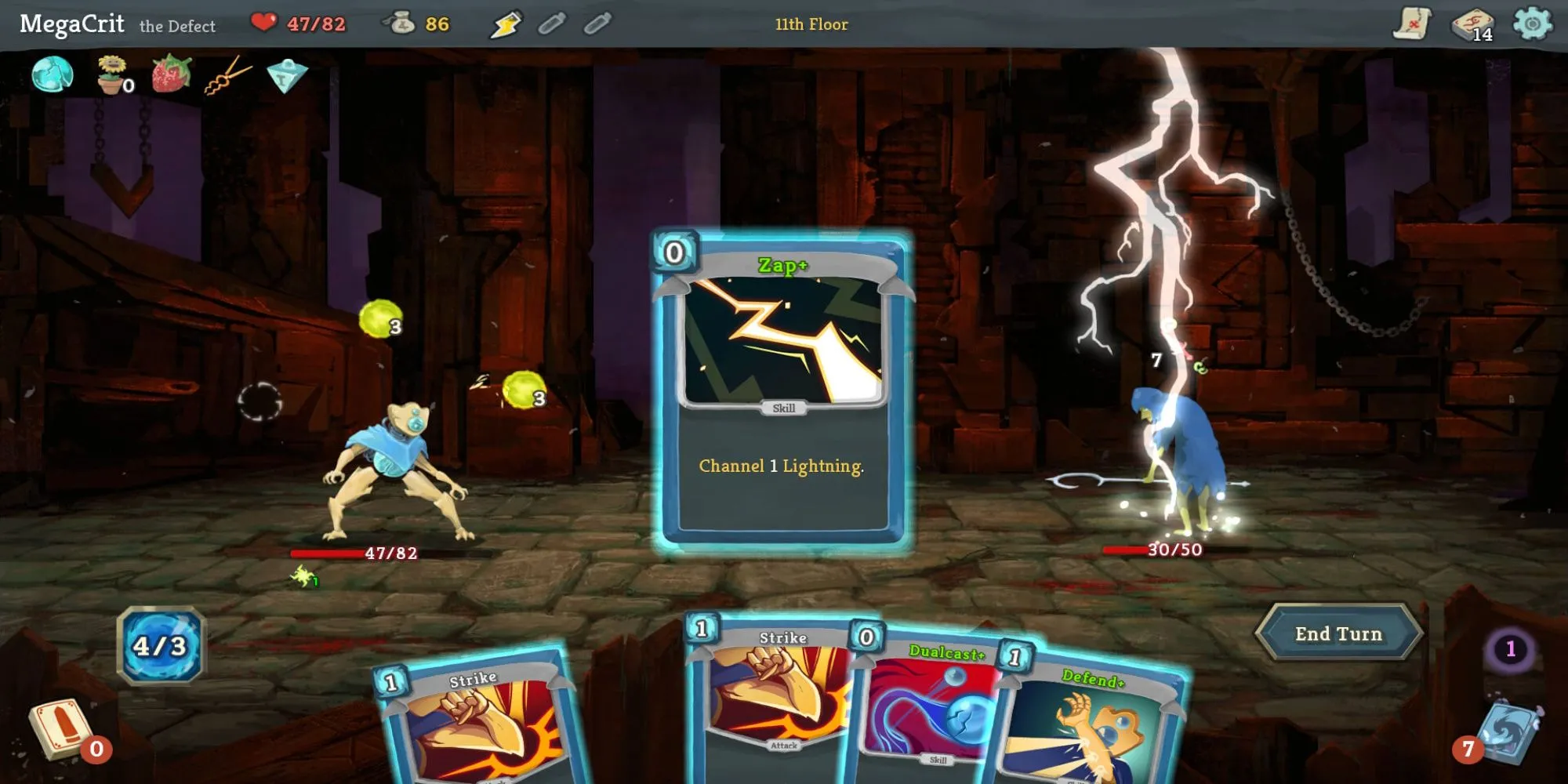 Giao diện chiến đấu của Slay the Spire, hiển thị bộ bài, các lá bài trên tay và quái vật.