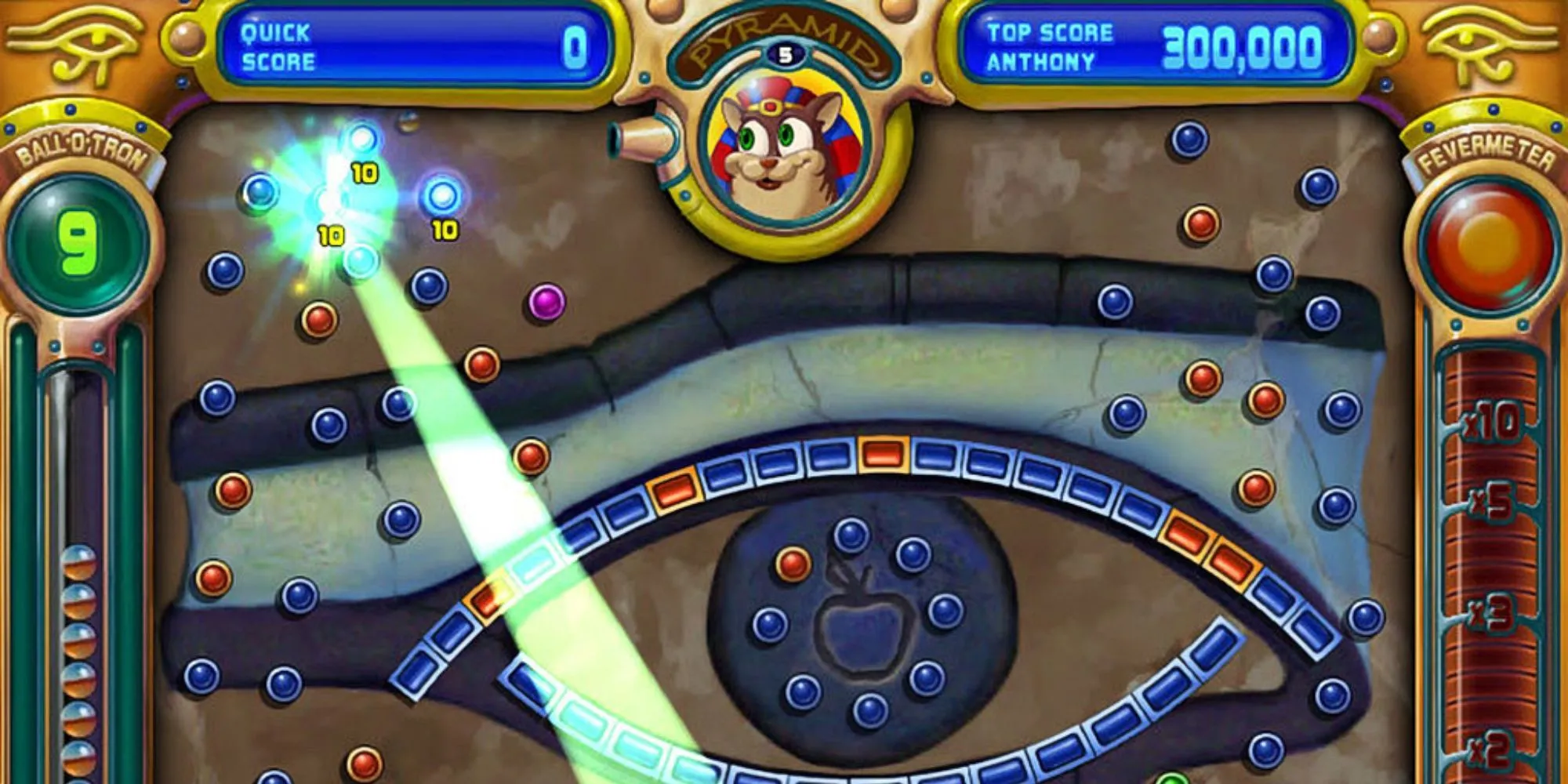 Giao diện game Peggle với các viên bi màu cam và xanh dương cùng hiệu ứng cầu vồng