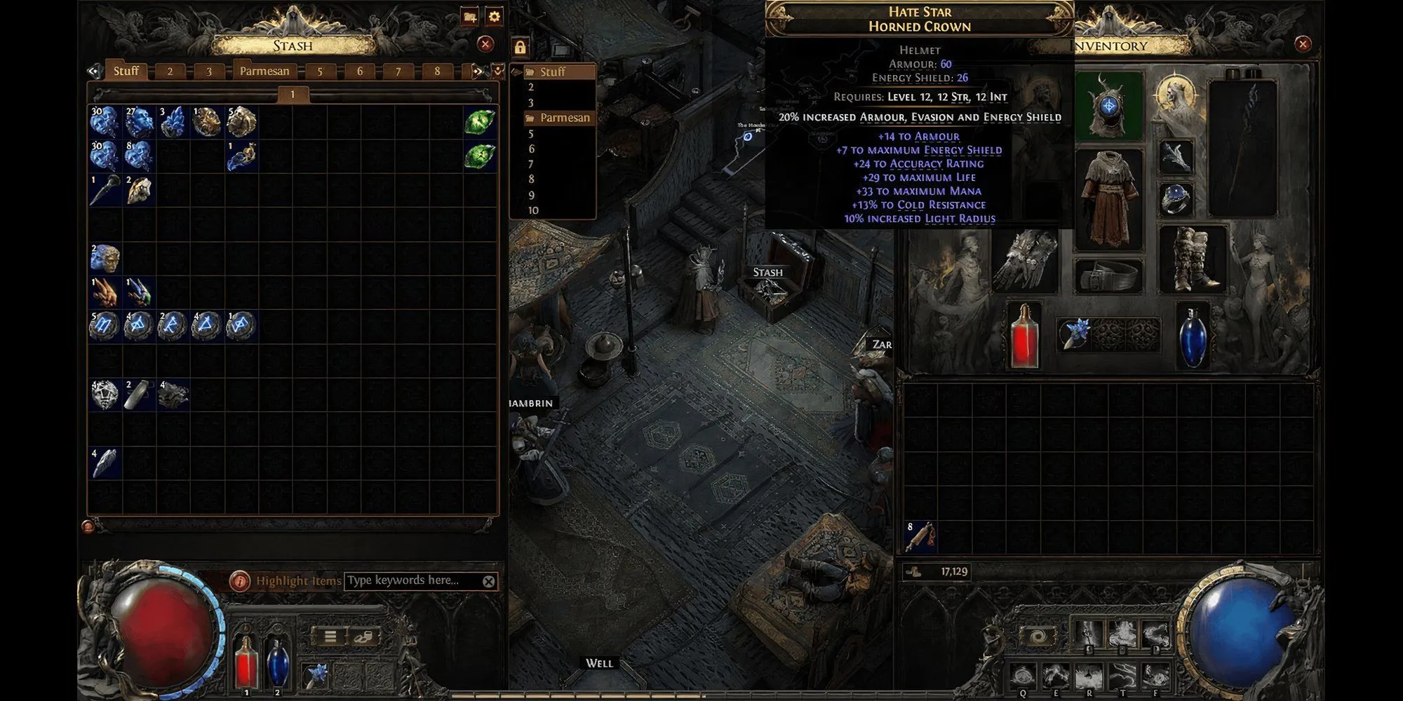 Giao diện hành trang (inventory) trong Path of Exile 2