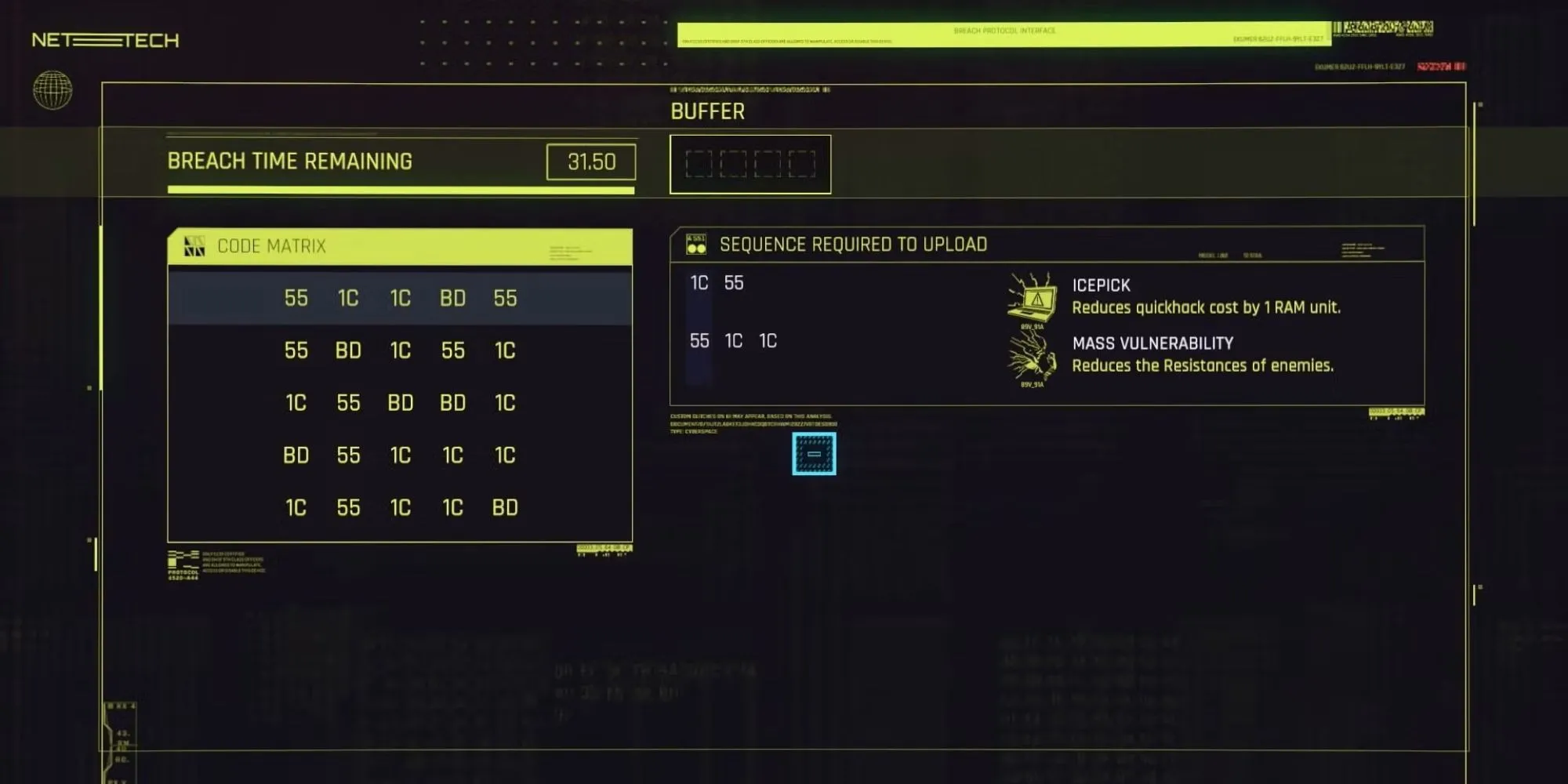 Giao diện mini-game Breach Protocol trong Cyberpunk 2077 với ma trận mã code