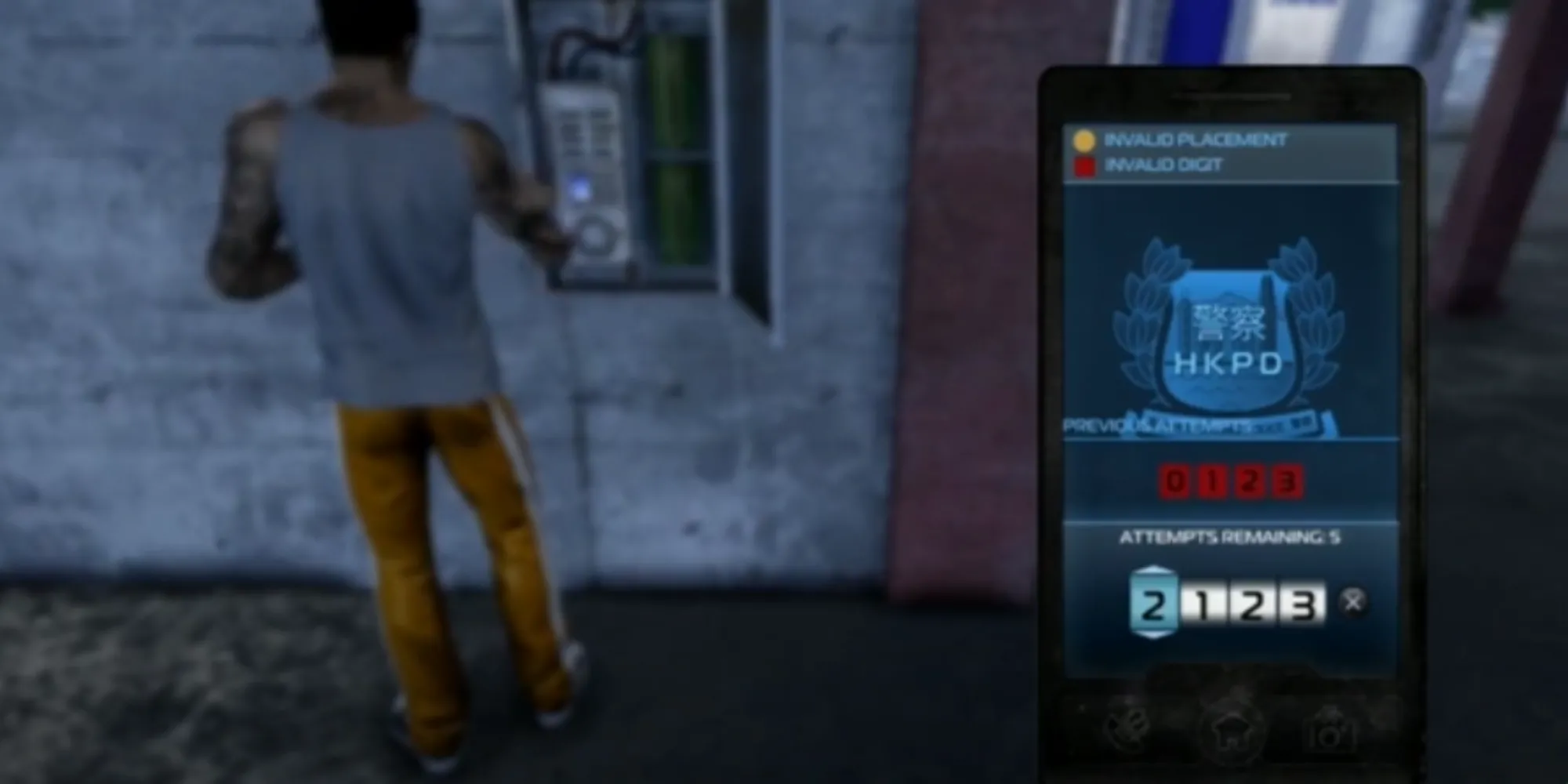 Giao diện mini-game hacking số trong Sleeping Dogs với các con số và màu sắc gợi ý