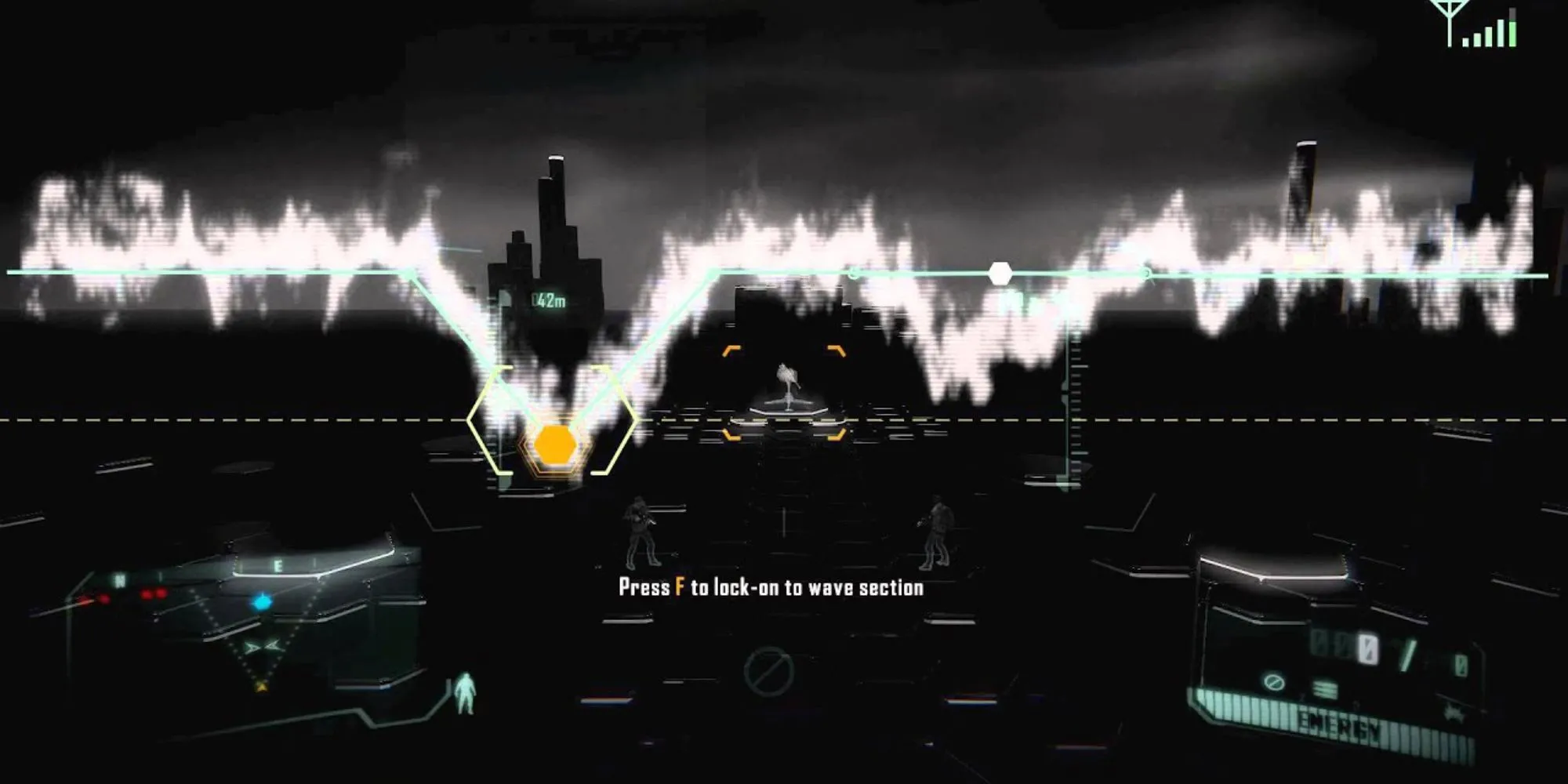 Giao diện mini-game hacking trong Crysis 3 với các node và đường sóng cần kết nối