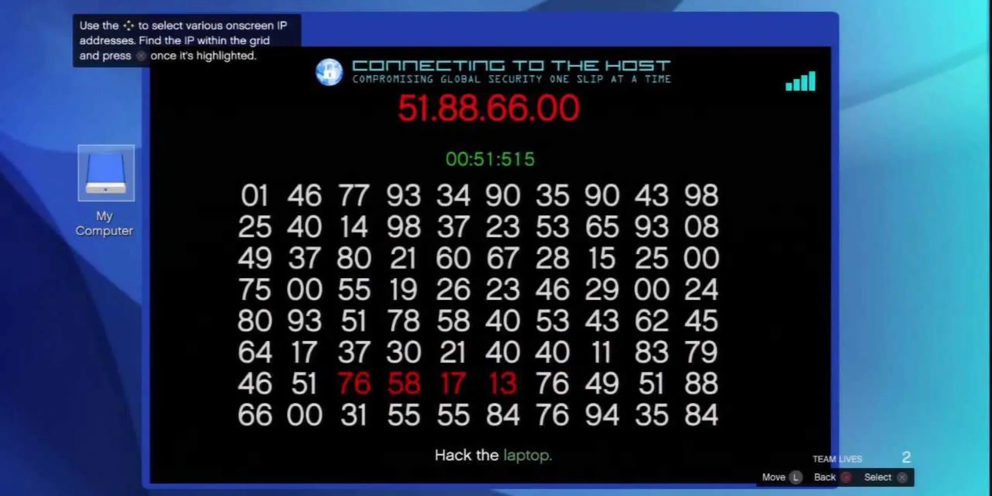 Giao diện mini-game hacking trong GTA Online với các dòng lệnh và tiến trình giải mã