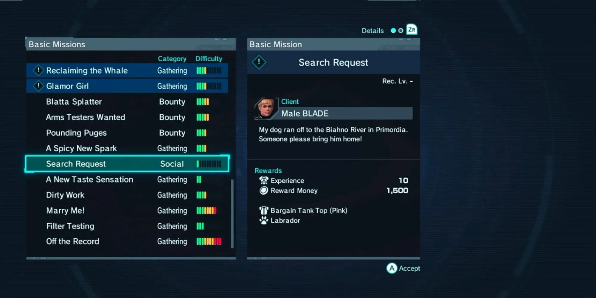 Giao diện nhận Basic Mission để có thêm thú cưng trong Xenoblade X