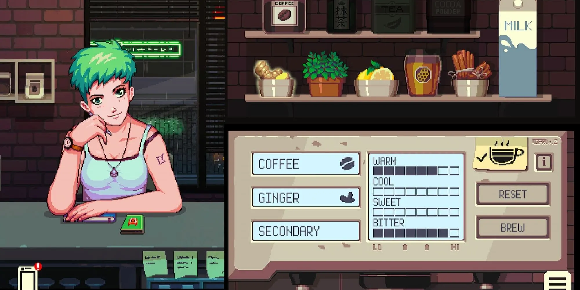 Giao diện pha cà phê trong game Coffee Talk, hiển thị quy trình chuẩn bị đồ uống.