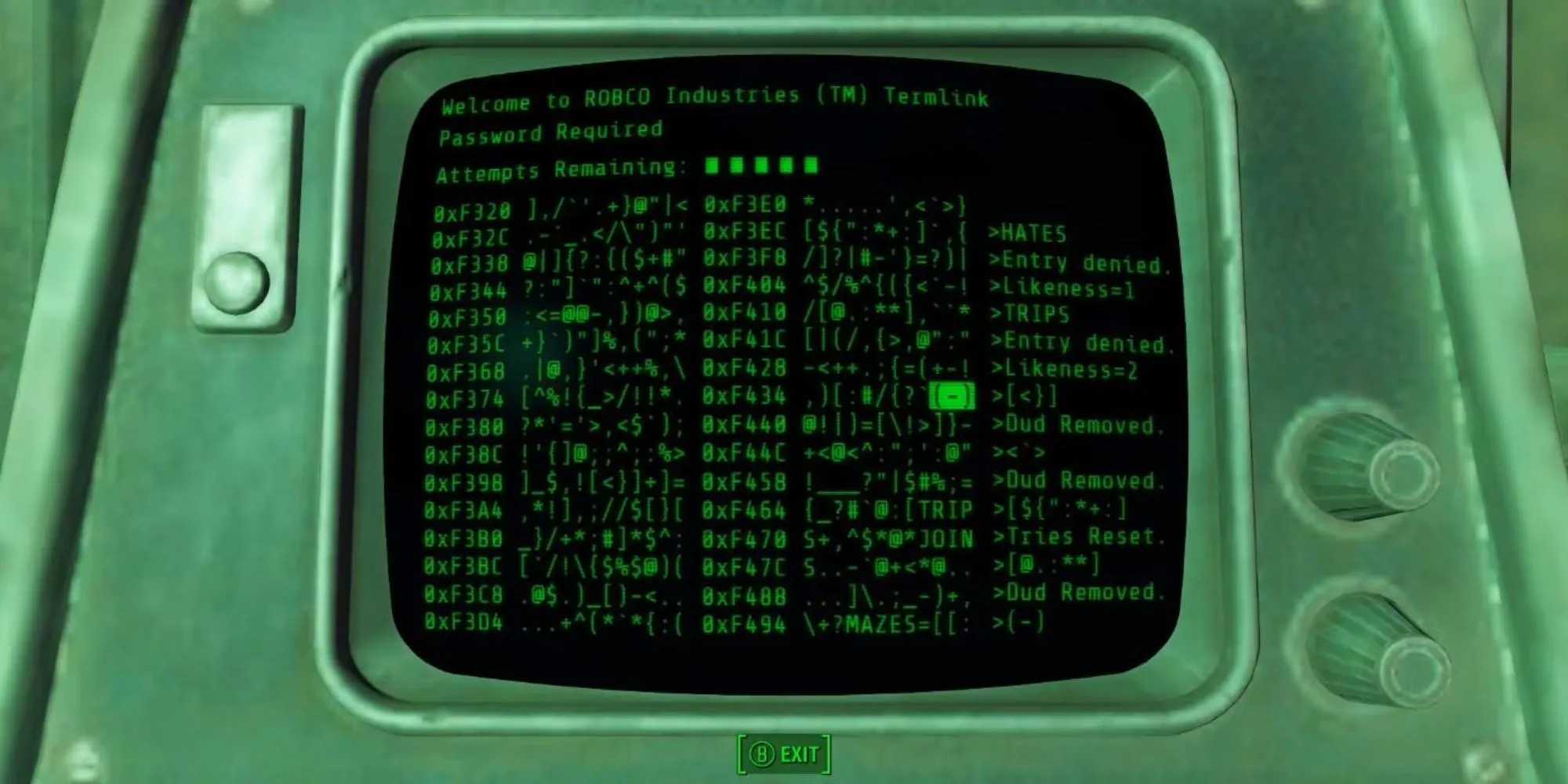 Giao diện terminal hacking trong Fallout 4 với các dòng mã và từ khóa cần đoán